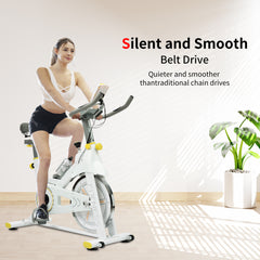 HAOYYE Yellow and White Indoor Exercise Bike Comfortable Seat Cushion Smooth Quiet Belt Drive Adjustable Handlebars and Resistance LCD Display with Tablet Holder for Home Cardio Fitness and Muscle Building