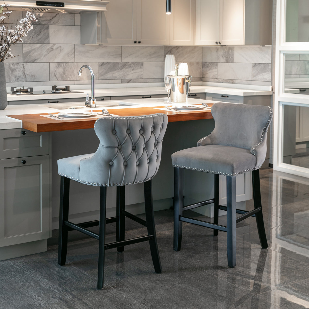 HAOYYE Contemporary Velvet Upholstered Wing-Back Barstools with Button Tufted Decoration and Wooden Legs, and Chrome Nailhead Trim, Leisure Style Bar Chairs,Bar stools, Set of 2 (Gray),SW1824GY