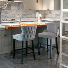 HAOYYE Contemporary Velvet Upholstered Wing-Back Barstools with Button Tufted Decoration and Wooden Legs, and Chrome Nailhead Trim, Leisure Style Bar Chairs,Bar stools, Set of 2 (Gray),SW1824GY