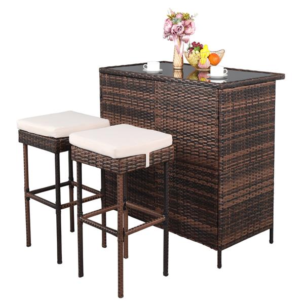 HAOYYE Bar Table and Stool Set Brown Gradient 3 Piece Rattan Pub Bistro Set with 2 Bar Stools and 1 Bar Table Removable Wicker Patio Furniture with Iron Frame for Balcony Garden Porch Lounge