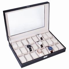 HAOYYE 24 Compartments Top-Level Opening Style Leather Watch Collection Box, Black Soft Cozy Warm Flannel Fleece Home Decor, Luxury Comfortable Unique Design, Premium Quality Decorative Storage Box for Watches, Jewelry, and Accessories