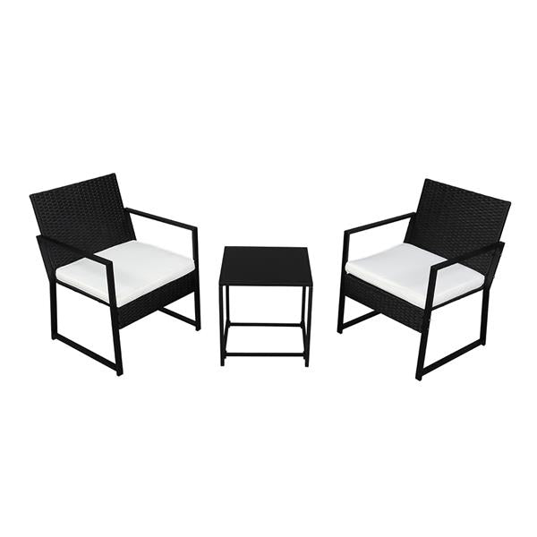 HAOYYE Outdoor Wicker Patio Furniture Set Black Rattan 3 Piece Conversation Set with 2 Exposed Frame Flat Chairs and 1 Coffee Table Durable PE Woven Bistro Set with Iron Frame for Balcony Garden Lounge