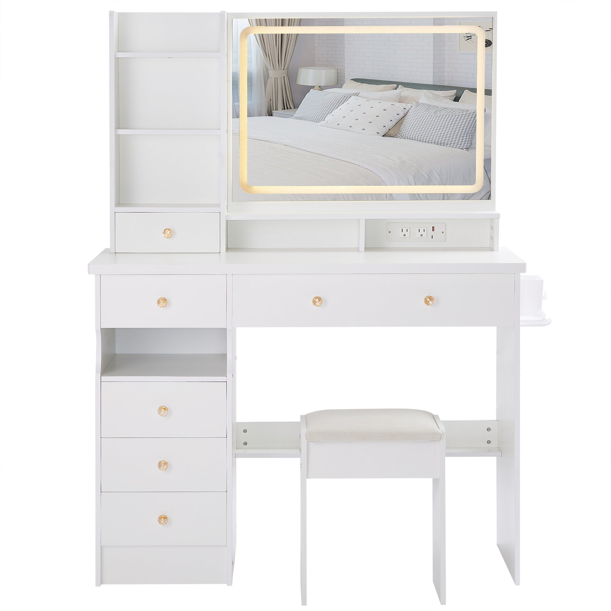 HAOYYE Large Vanity Table Set with LED Mirror, Cushioned Stool, Left Drawer Desktop, Built-in Power Station with 2 AC & 2 USB Ports, Hair Dryer Stand, Touch Control Lighting, Certified by EPA, GCC, and UL