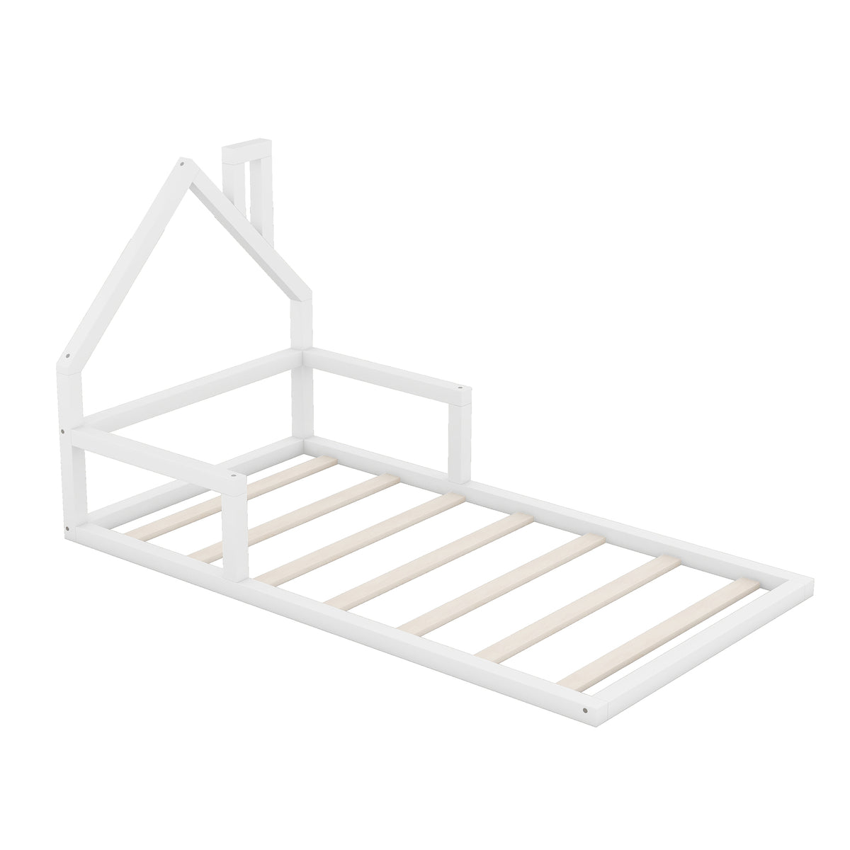 HAOYYE Twin Size Wood Floor Bed with House-shaped Headboard, White Sturdy Space-Saving Heavy Duty Modern Design Adults Dorm Room Easy Assembly Bedroom Furniture