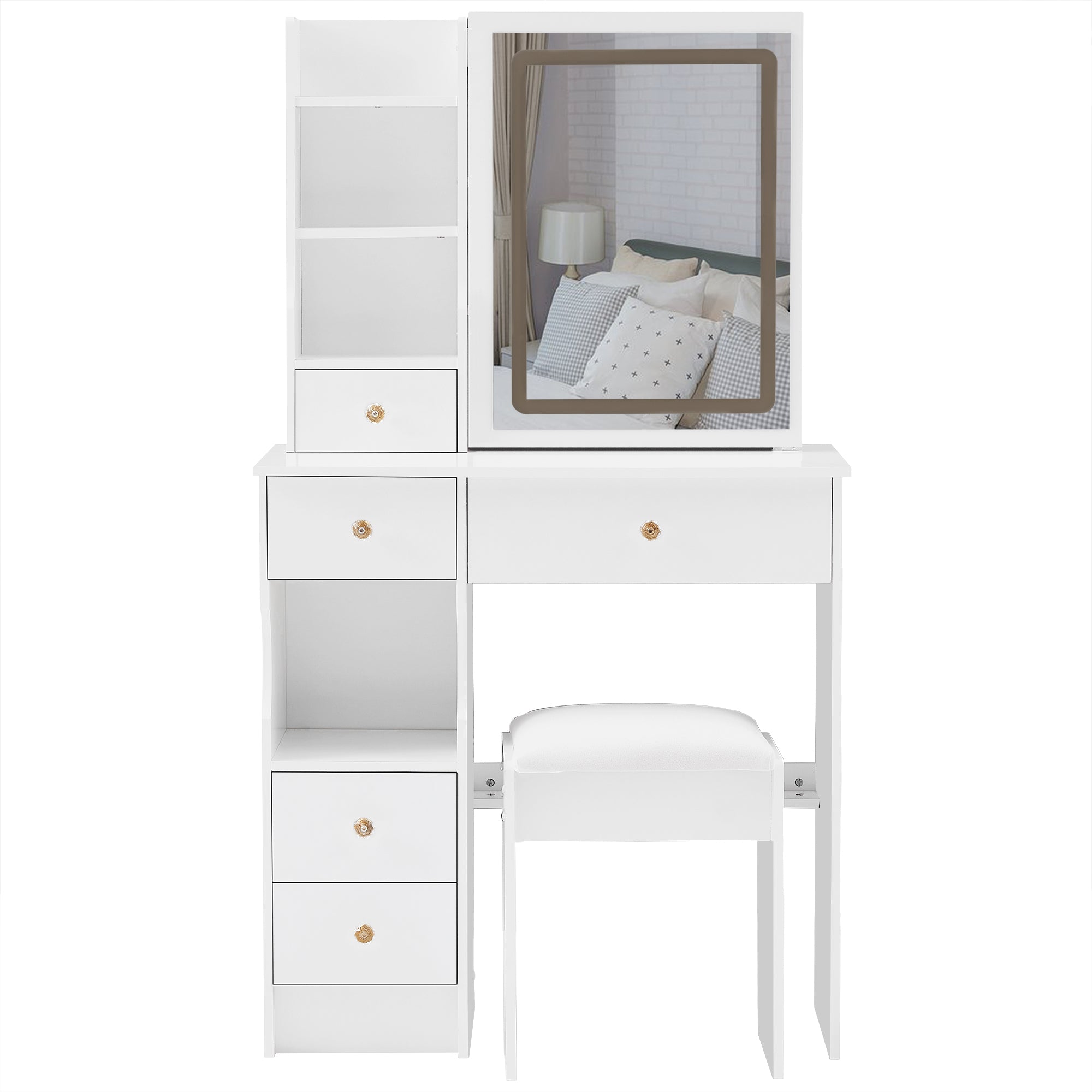 HAOYYE Small Left Drawer Desktop Vanity Table with Cushioned Stool, Touch Control Sliding LED Mirror, Tri-Color Lighting, Brightness Adjustment, Multi-Layer Storage, Ideal for Small Spaces