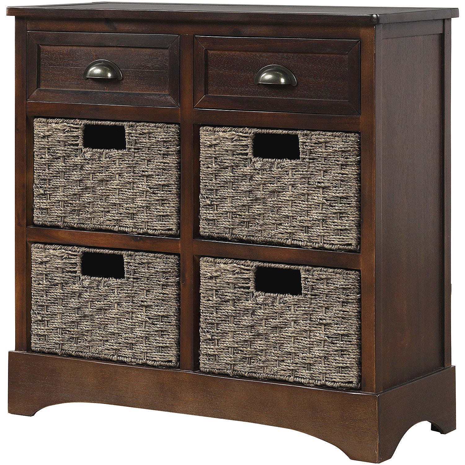 HAOYYE Rustic Storage Cabinet with Two Drawers and Four Classic Rattan Baskets for Dining Room or Living Room, Espresso, Sturdy Space-Saving Design, Heavy Duty Construction, Easy Assembly, Durable and Stylish Home Furniture