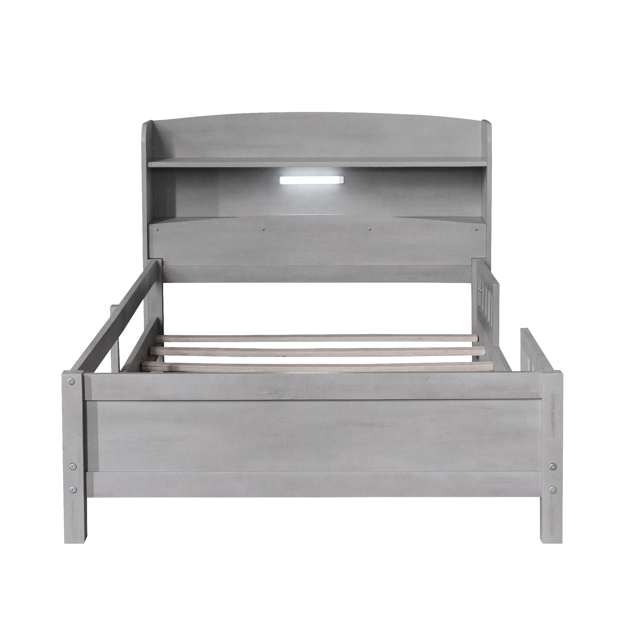 HAOYYE Wood Twin Size Platform Bed with Built-in LED Light, Storage Headboard and Guardrail, Antique Grey Sturdy Space-Saving Heavy Duty Modern Design Adults Dorm Room Easy Assembly Bedroom Furniture