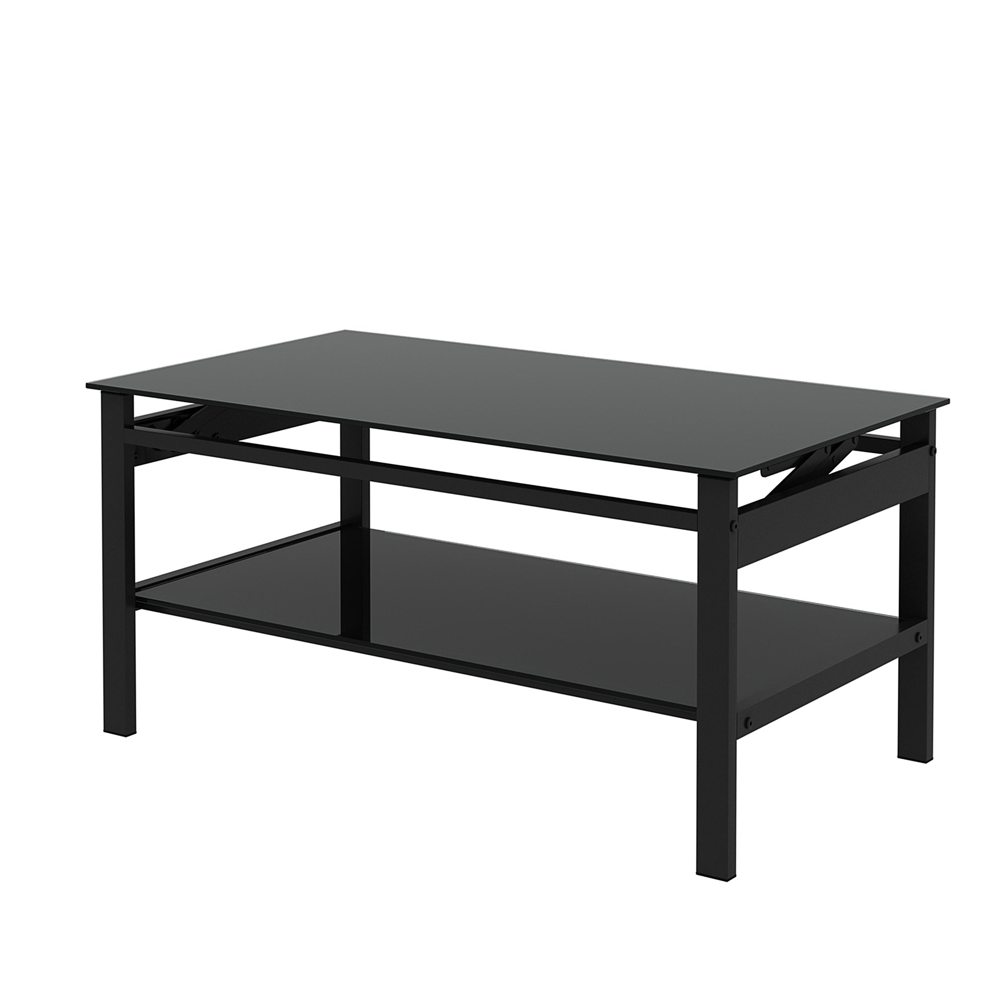 HAOYYE Glass Lift Top Coffee Table, Modern Simple 2-Layer Tempered Glass Coffee Table for Living Room, Black Sturdy Space-Saving Heavy Duty Modern Design Adults Dorm Room Easy Assembly Bedroom Furniture