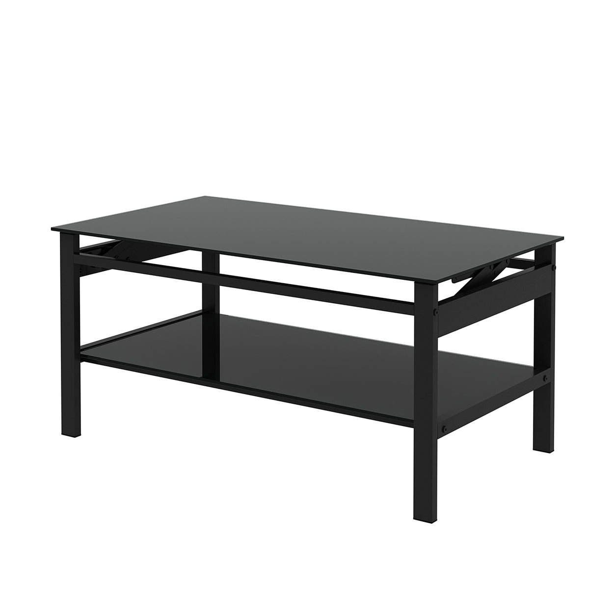 HAOYYE Glass Lift Top Coffee Table, Modern Simple 2-Layer Tempered Glass Coffee Table for Living Room, Black Sturdy Space-Saving Heavy Duty Modern Design Adults Dorm Room Easy Assembly Bedroom Furniture