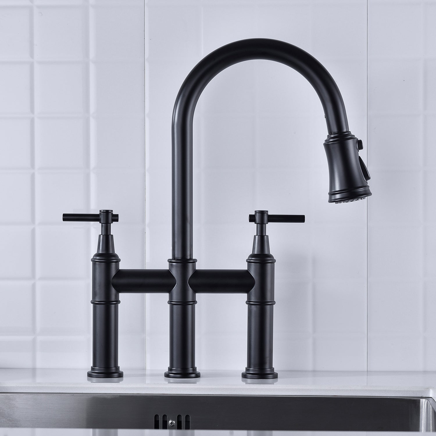 HAOYYE Bridge Kitchen Faucet with Pull-Down Sprayhead in Spot Sturdy Space-Saving Heavy Duty Modern Design Adults Dorm Room Easy Assembly Bedroom Furniture