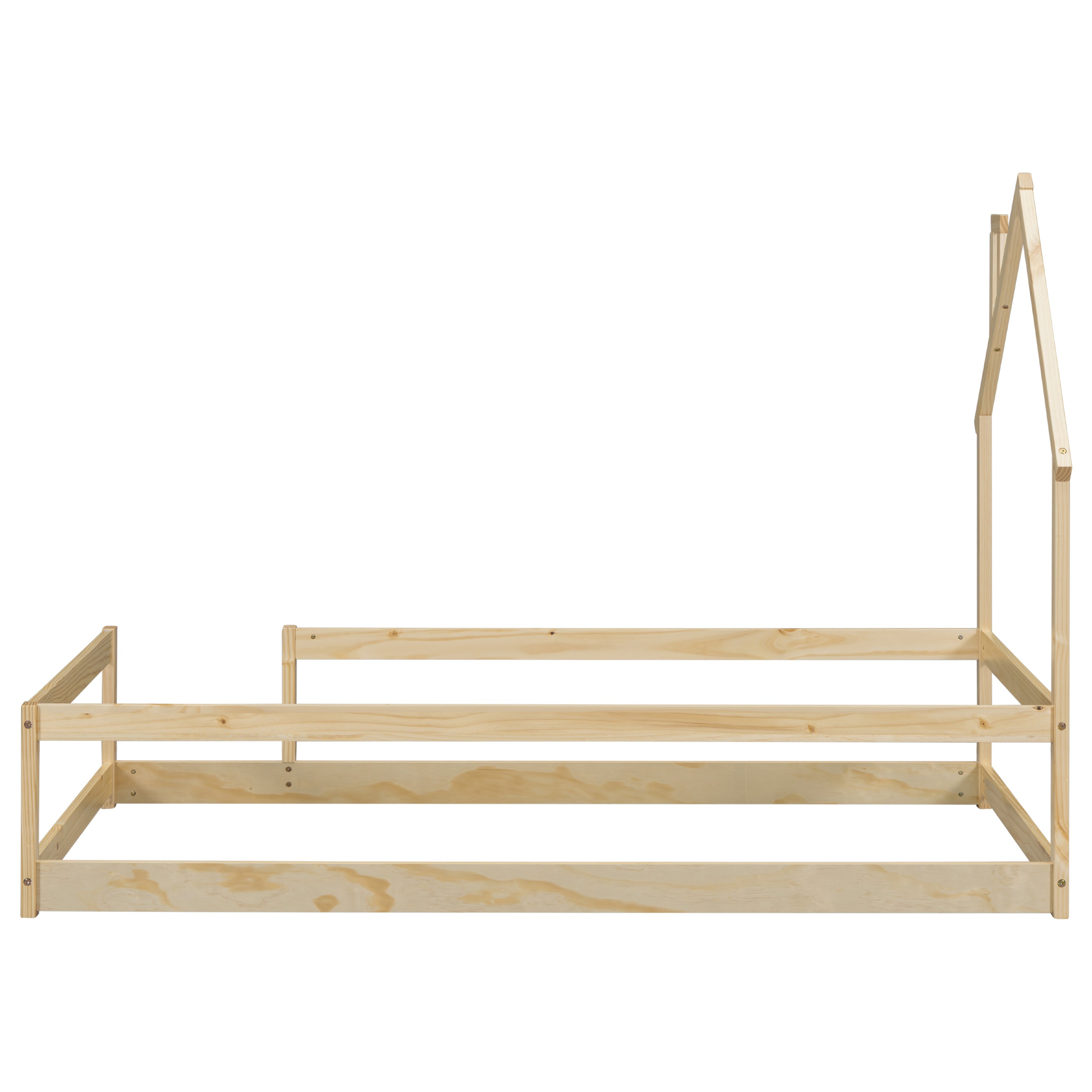 Haoyye Twin Size Wood Bed with House-Shaped Headboard, Floor Bed Frame with Fences and Guardrails, Low Platform Design for Bedroom or Dorm, Sturdy Pine Construction, Space-Saving and Heavy Duty, Easy Assembly, Ideal for Cozy Sleeping Spaces