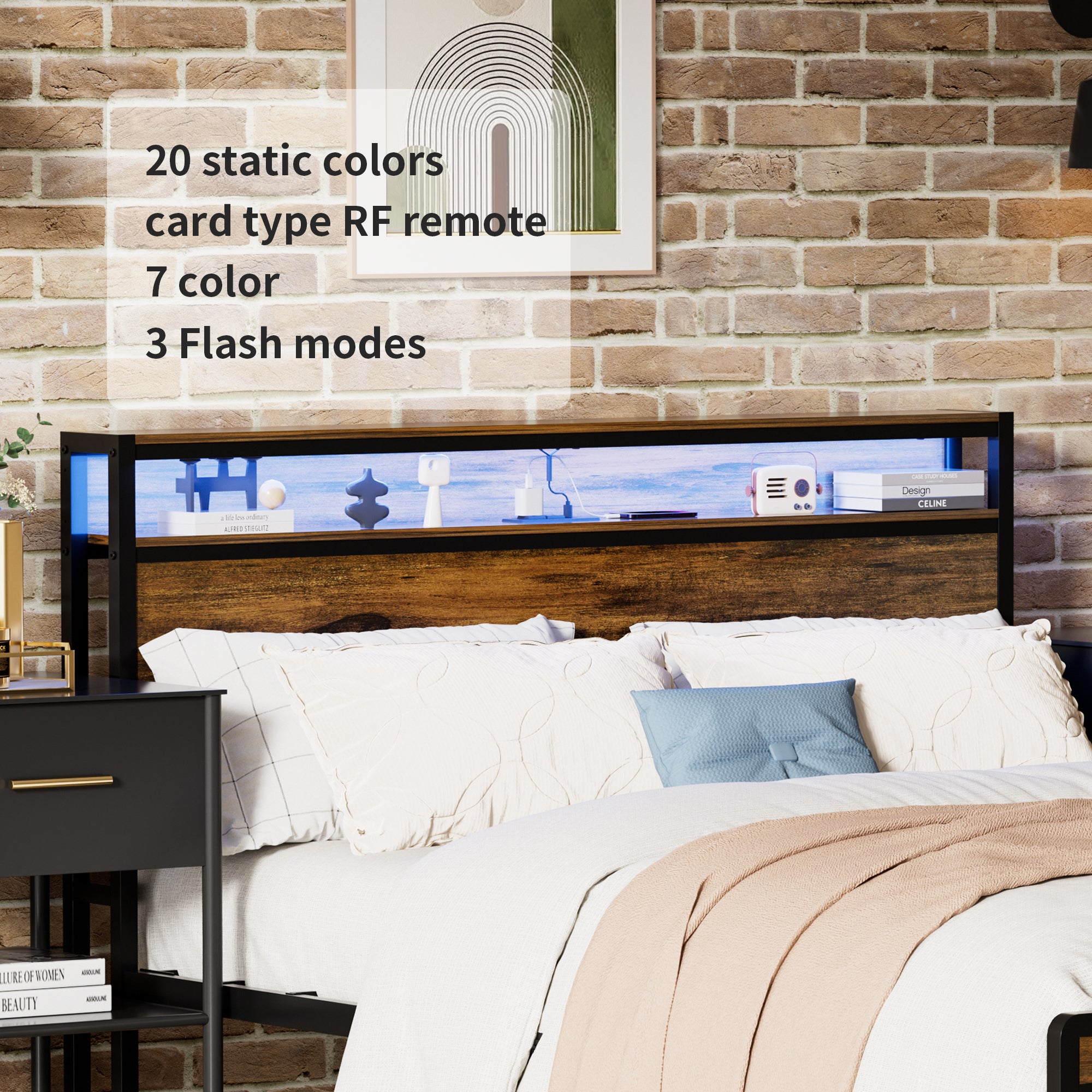 HAOYYE Queen Size Bed Frame, Storage Headboard with LED light, Charging Station, Solid and Stable, Noise Free, No Box Spring Needed, Easy Assembly, Vintage Brown Sturdy Space-Saving Heavy Duty Modern Design