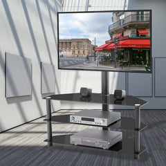 HAOYYE Black Adjustable TV Stand, Swivel Bracket, Tempered Glass Shelves, Space-Saving, Durable, Stylish, Modern Design for Living Room, Bedroom, or Office