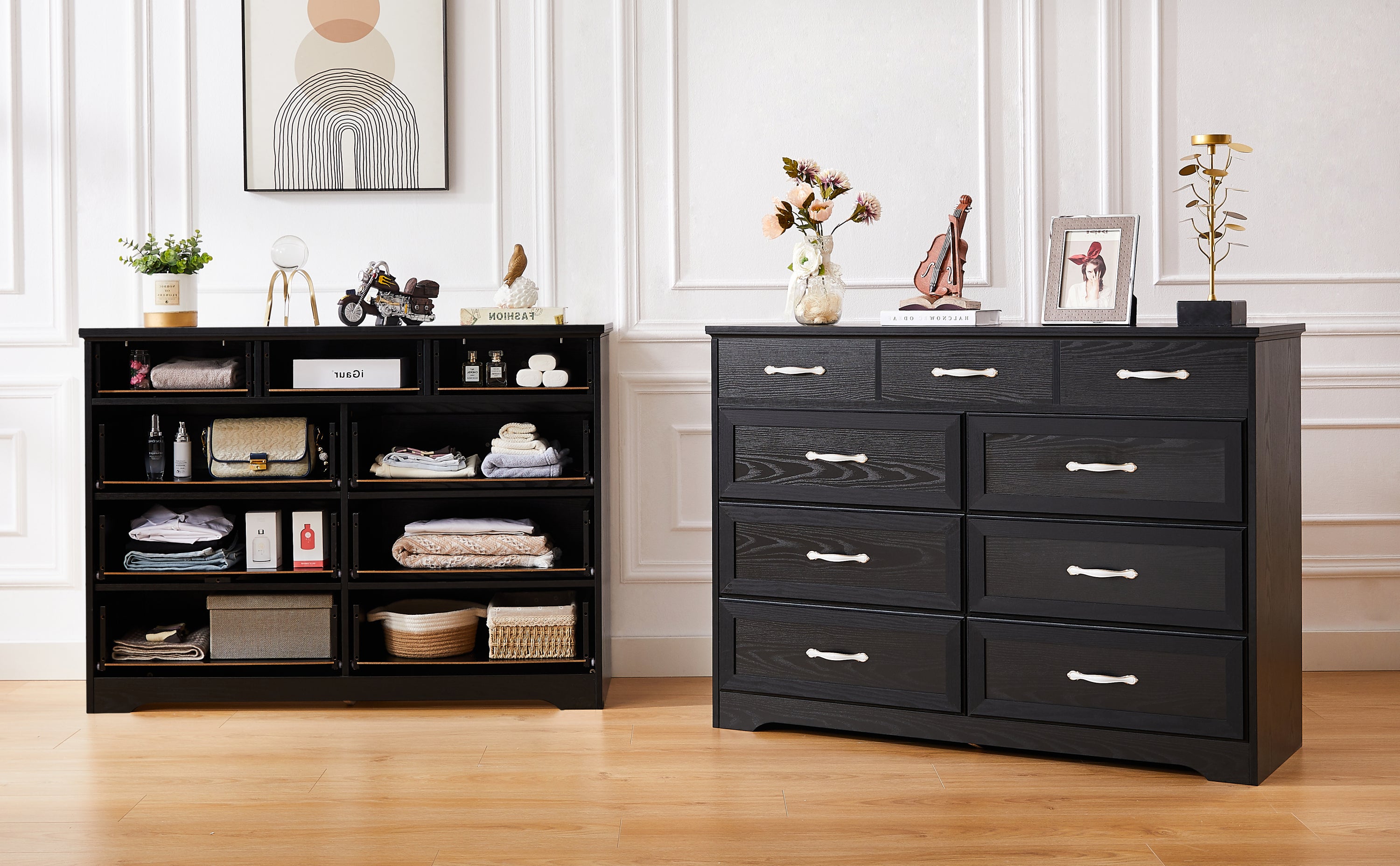 HAOYYE 9-Drawer Bedroom Dresser With Antique Handles, Wood Chest Of Drawers For Living Room, Entryway, Or Hallway, Black, Sturdy Space-Saving Heavy Duty Design