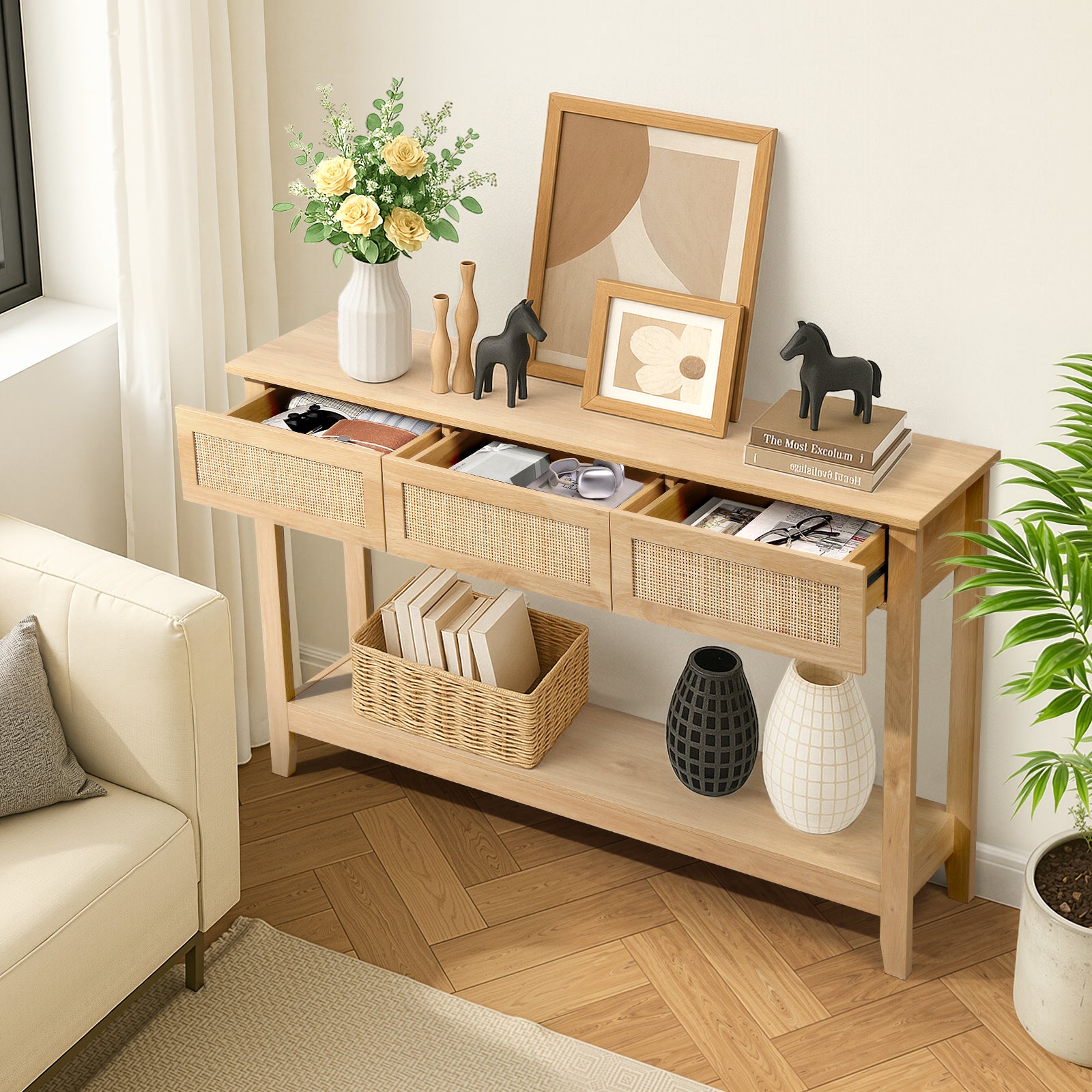 HAOYYE Natural Wood Boho Style Rattan Console Table with 3 Drawers and Open Storage Shelf, Narrow Entryway Sofa Table for Hallway Foyer Behind Couch, Rustic Farmhouse Accent Table