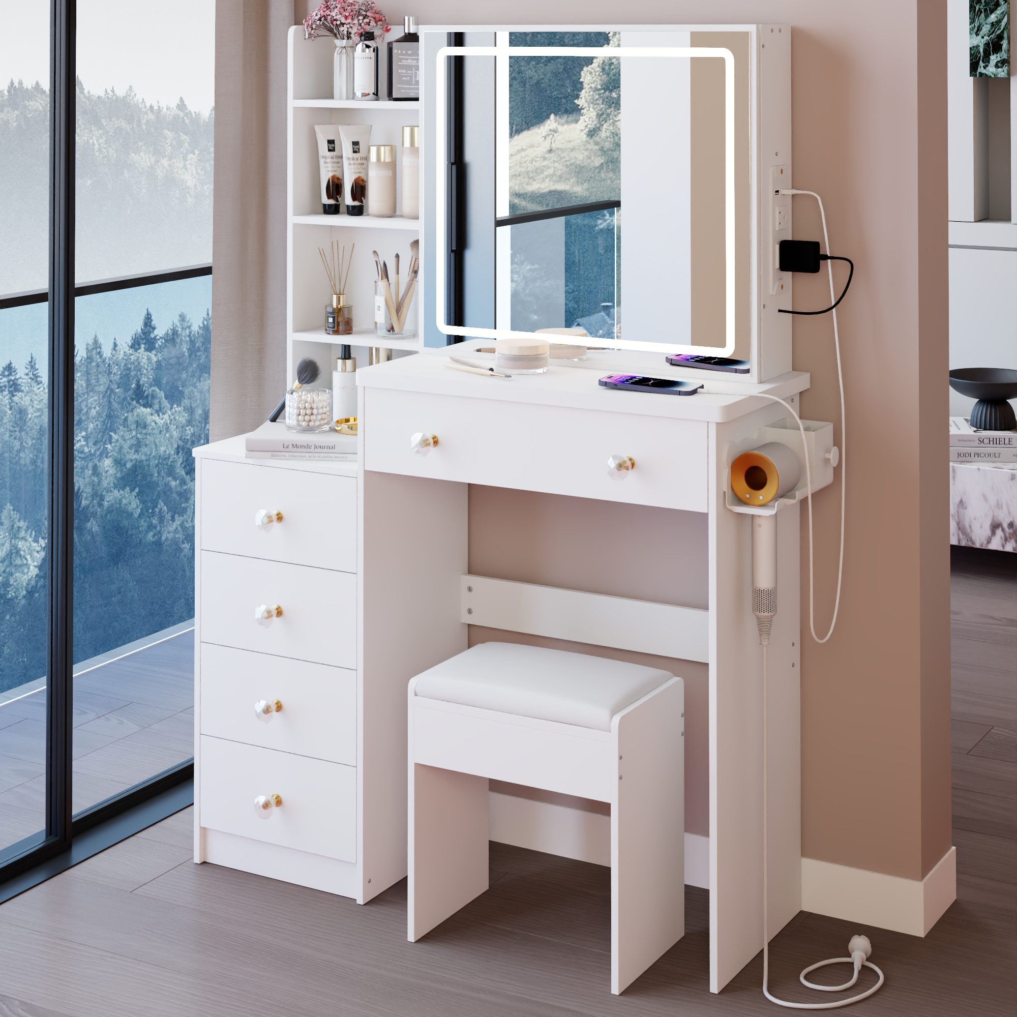 HAOYYE 37" Middle Size Left Bedside Cabinet Vanity Table + Cushioned Stool Dresser Set, 2 AC+2 USB Socket, Hair Dryer Stand, Large Touch Control LED Sliding Mirror, 3-color Switch, EPA, GCC, UL Certificate