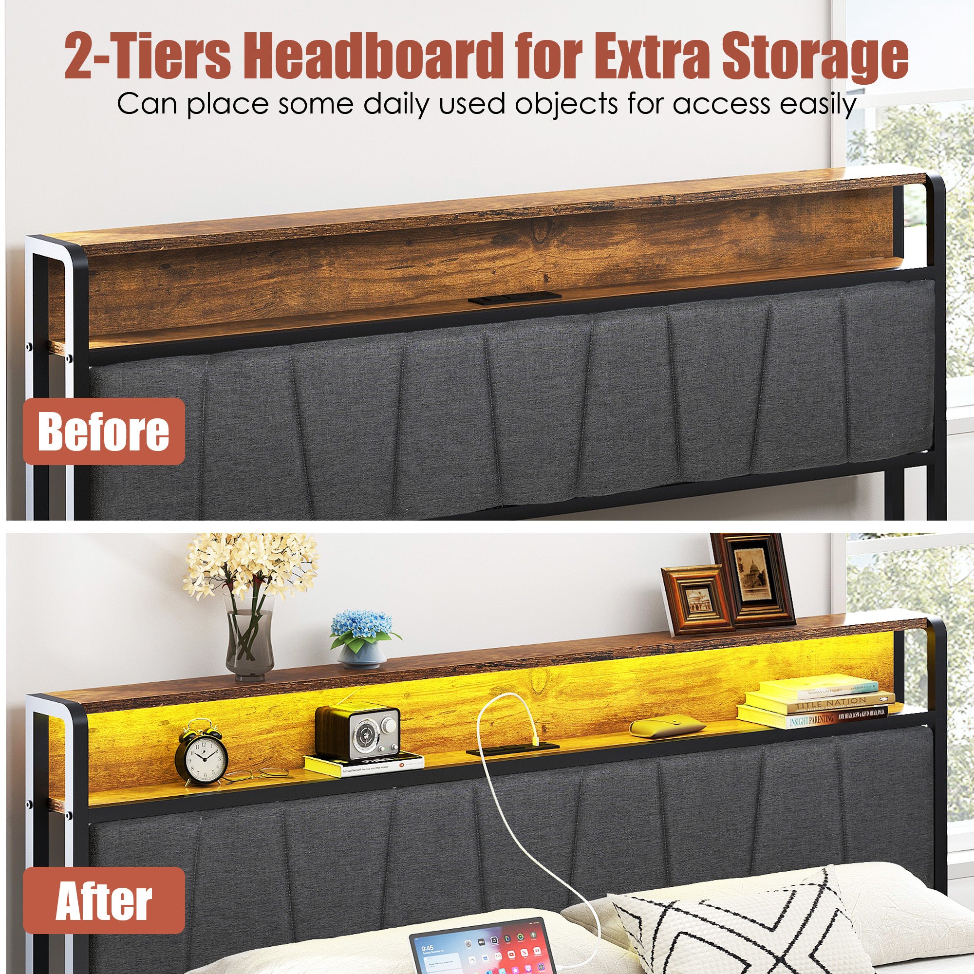 HAOYYE Twin Size Upholstered Platform Bed Frame with Storage Drawers, USB Ports, LED Lights, and Wingback Headboard, Rustic Brown, Sturdy Space-Saving Design, Heavy Duty Construction, Modern Stylish Home Furniture