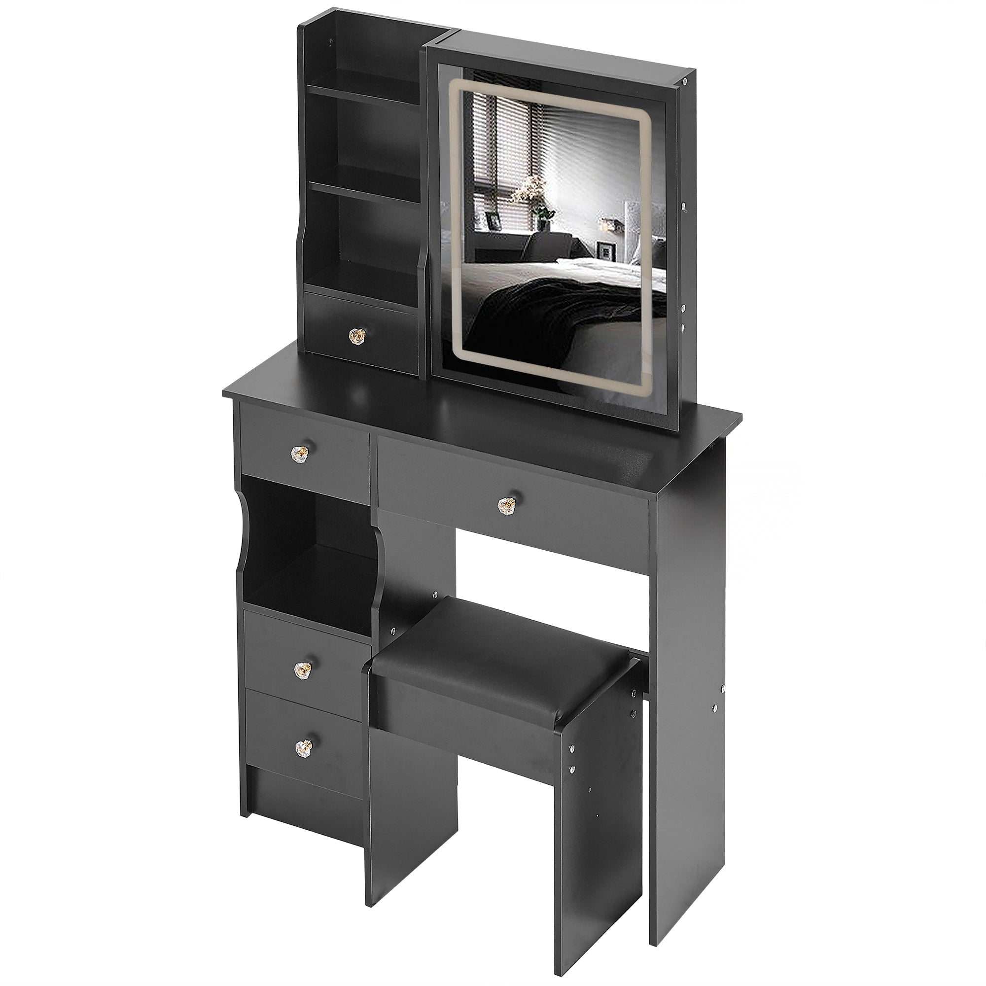 HAOYYE Small Size Left Drawer Desktop Vanity Table + Cushioned Stool, Touch Control Sliding LED Mirror, Tri-color Switching, Brightness Adjust, Multi Layer, Suitable for Small Space, EPA,GCC,UL Certificate