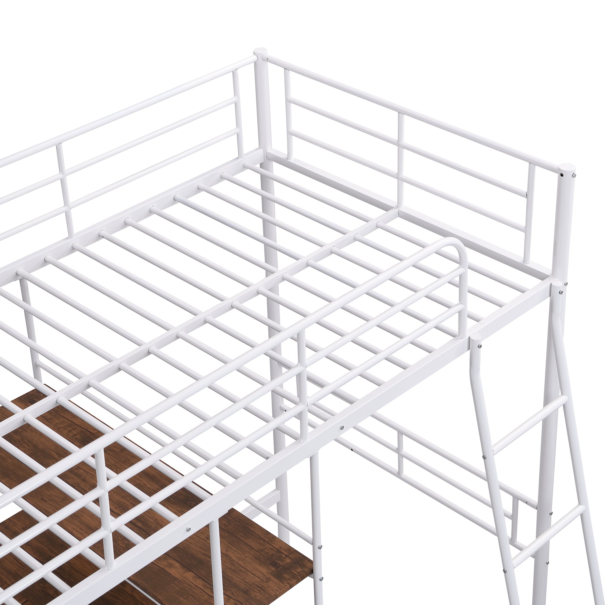 HAOYYE Twin Size Metal Loft Bed and Built-in Desk and Shelves,White Sturdy Space-Saving Heavy Duty Modern Design Adults Dorm Room Easy Assembly Bedroom Furniture
