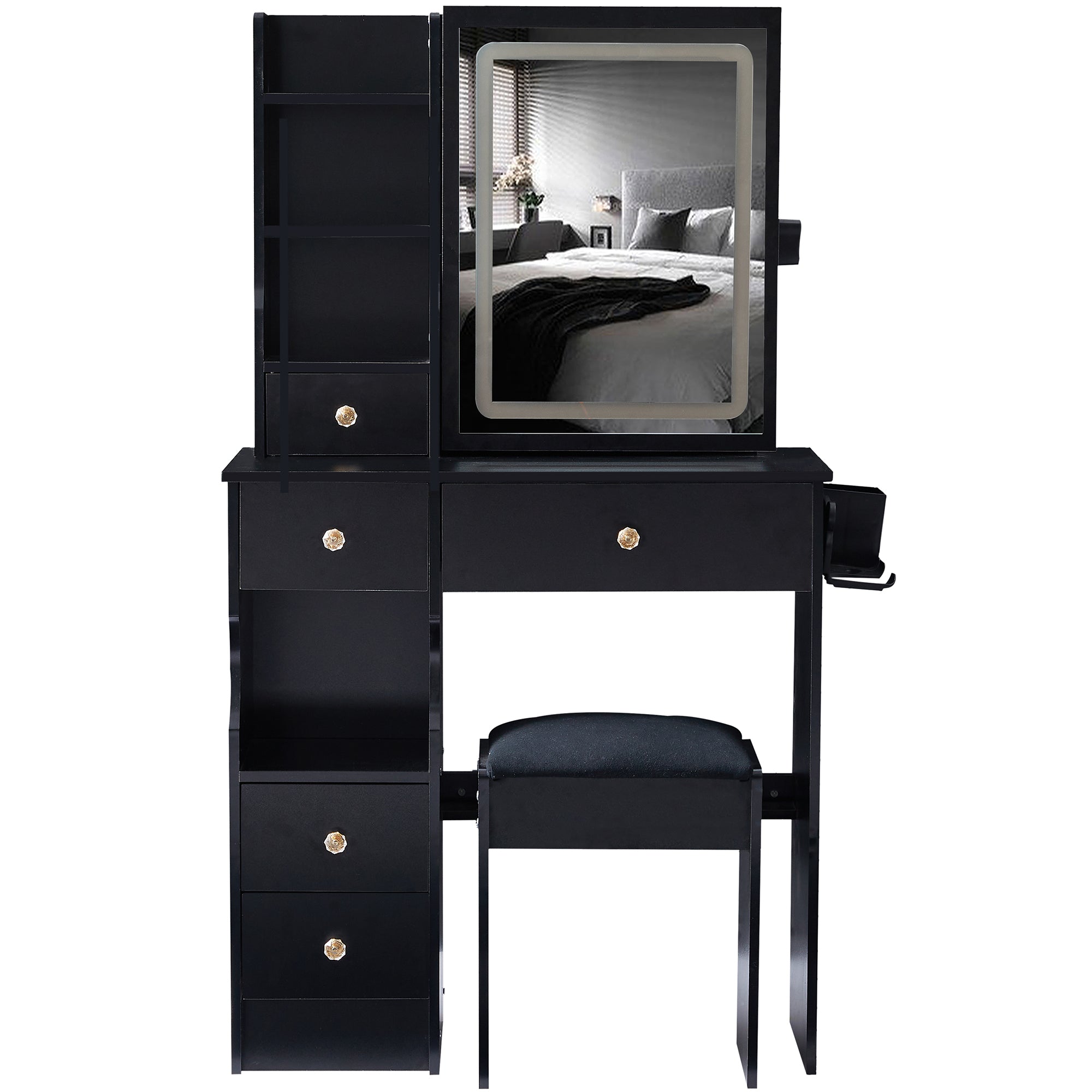 HAOYYE Small Size Left Drawer Desktop Vanity Table + Cushioned Stool, 2 AC+2 USB Power Station, Hair dryer bracket, Extra Large Touch Control Sliding LED Mirror, Tri-color Switching, EPA,GCC,UL Certificate