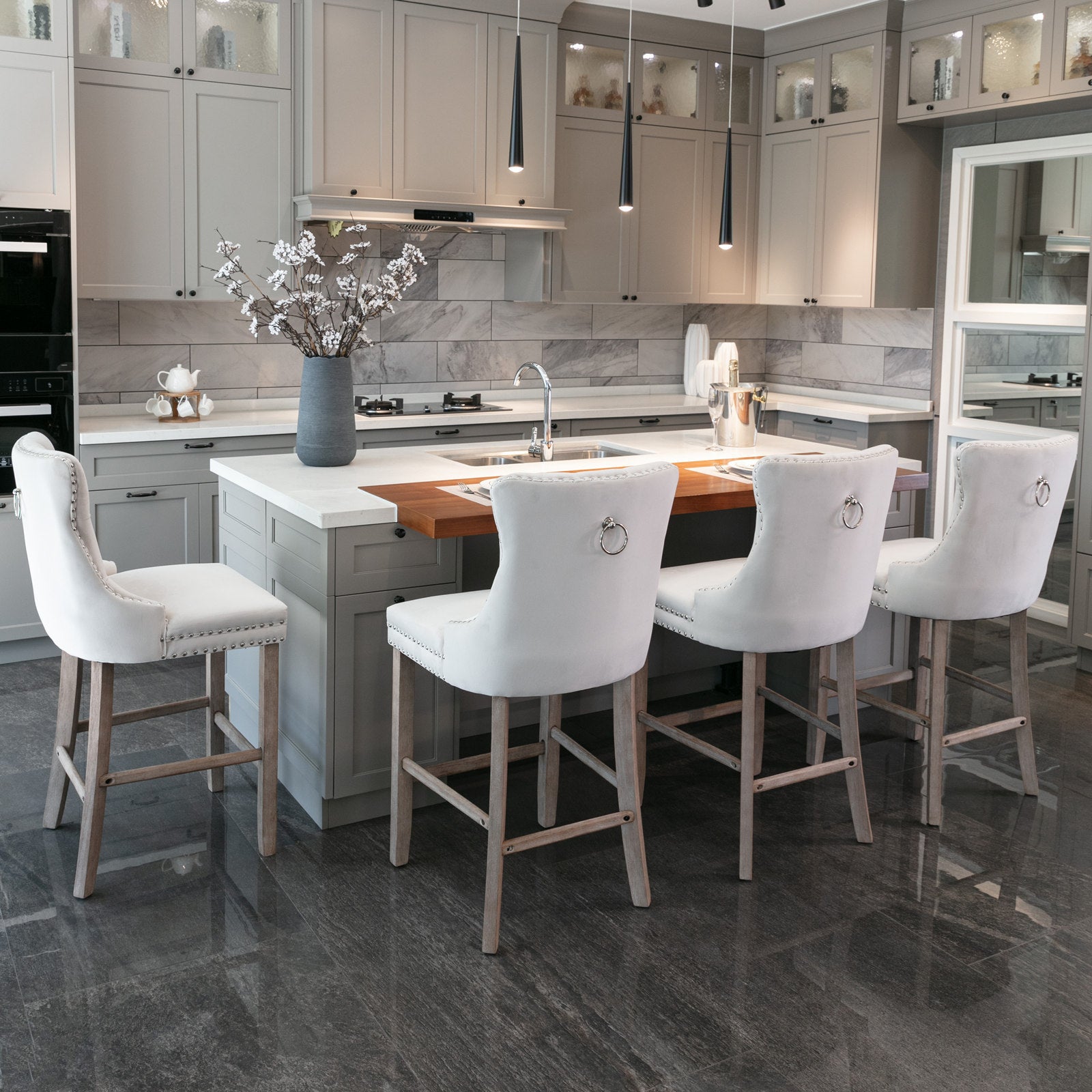 HAOYYE Contemporary Velvet Upholstered Barstools with Button Tufted Decoration and Wooden Legs, and Chrome Nailhead Trim, Leisure Style Bar Chairs,Bar stools, Set of 2 (Beige),SW2002BG Sturdy Space-Saving