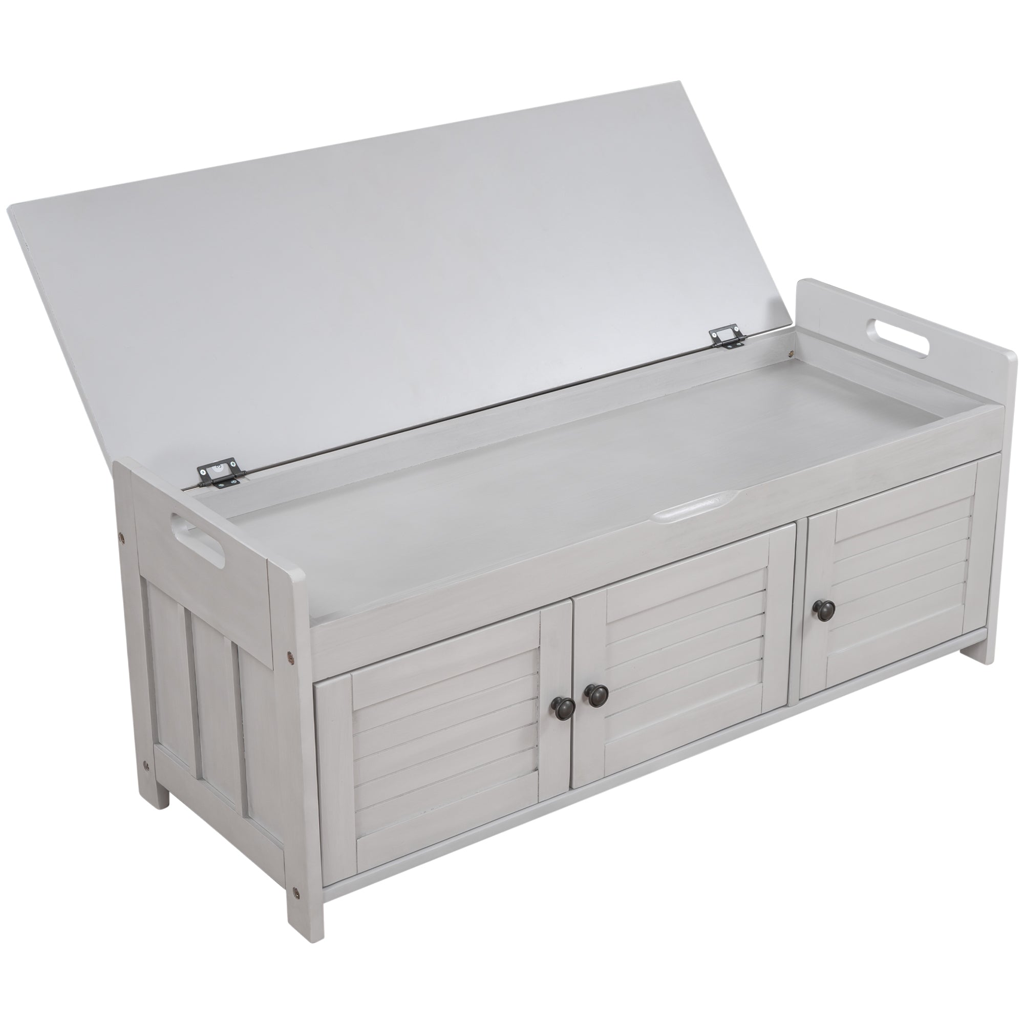 HAOYYE Storage Bench with 3 Shutter-shaped Doors, Shoe Bench with Removable Cushion and Hidden Storage Space (Gray Wash, OLD SKU: WF284226AAE) Sturdy Space-Saving Heavy Duty Modern Design Adults