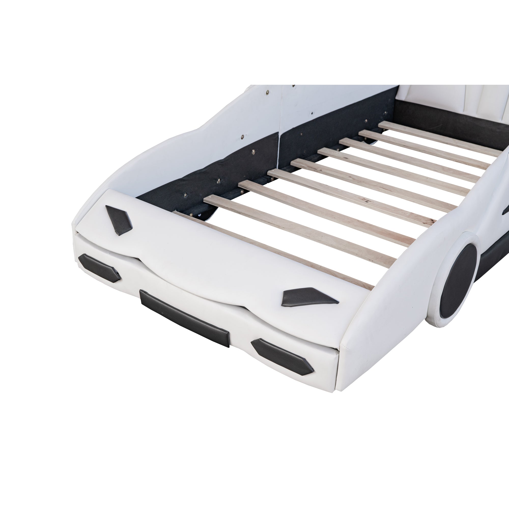 HAOYYE Twin Size Race Car-Shaped Platform Bed with Wheels, White Sturdy Space-Saving Heavy Duty Modern Design Adults Dorm Room Easy Assembly Bedroom Furniture