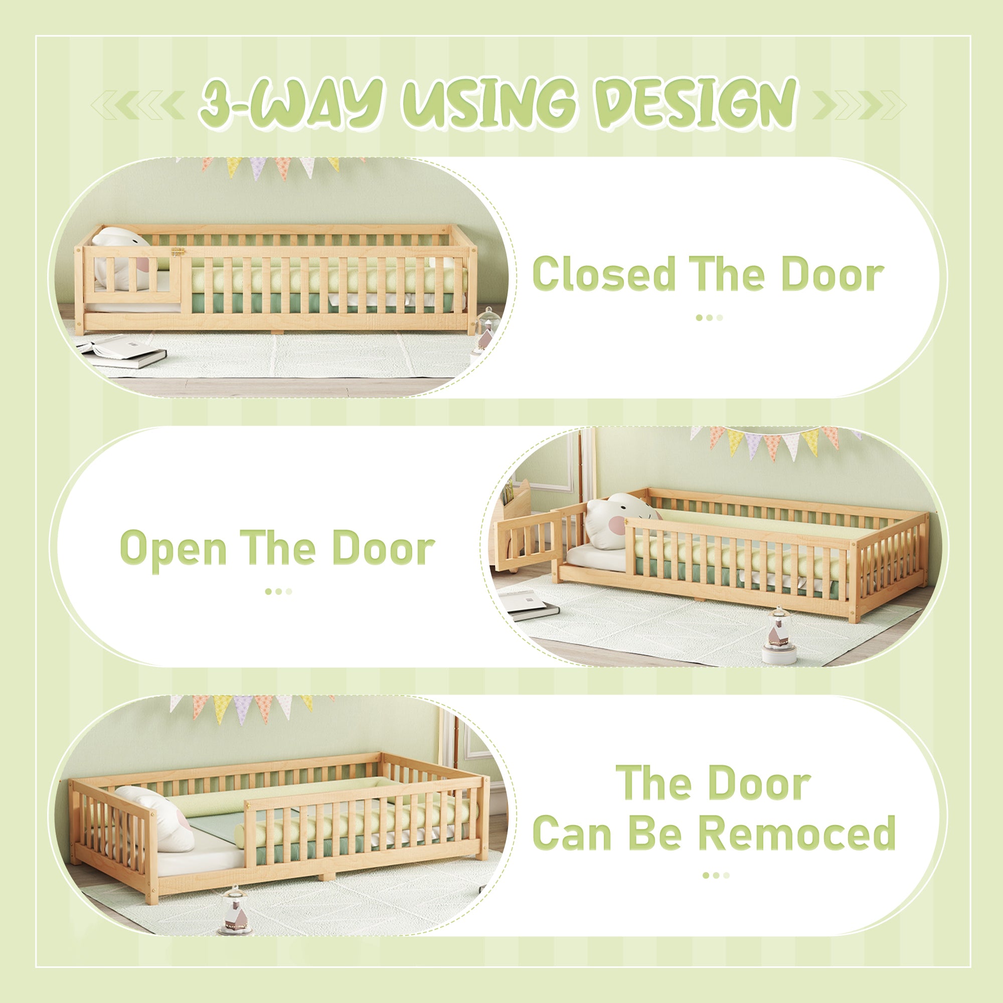 HAOYYE Twin Size Bed Floor Bed with Safety Guardrails and Door for , Natural(Old SKU: W158090686) Sturdy Space-Saving Heavy Duty Modern Design Adults Dorm Room Easy Assembly Bedroom Furniture