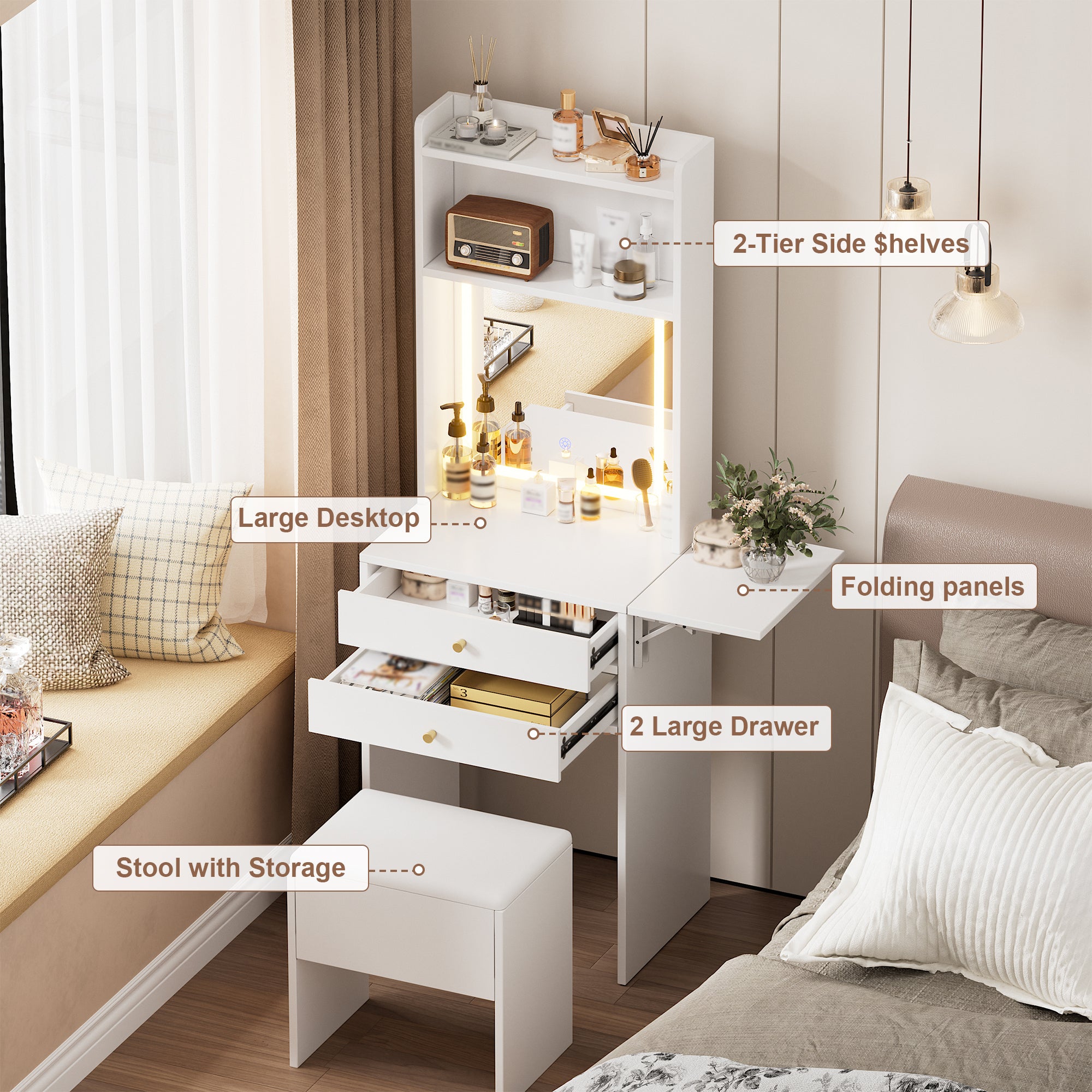 HAOYYE Small Space Vanity Table Set with 3 Adjustable Lighted Mirror and Storage Chair, Makeup Vanity Table for Small Space, White Dressing Table with Fold-up Panel for Bedroom