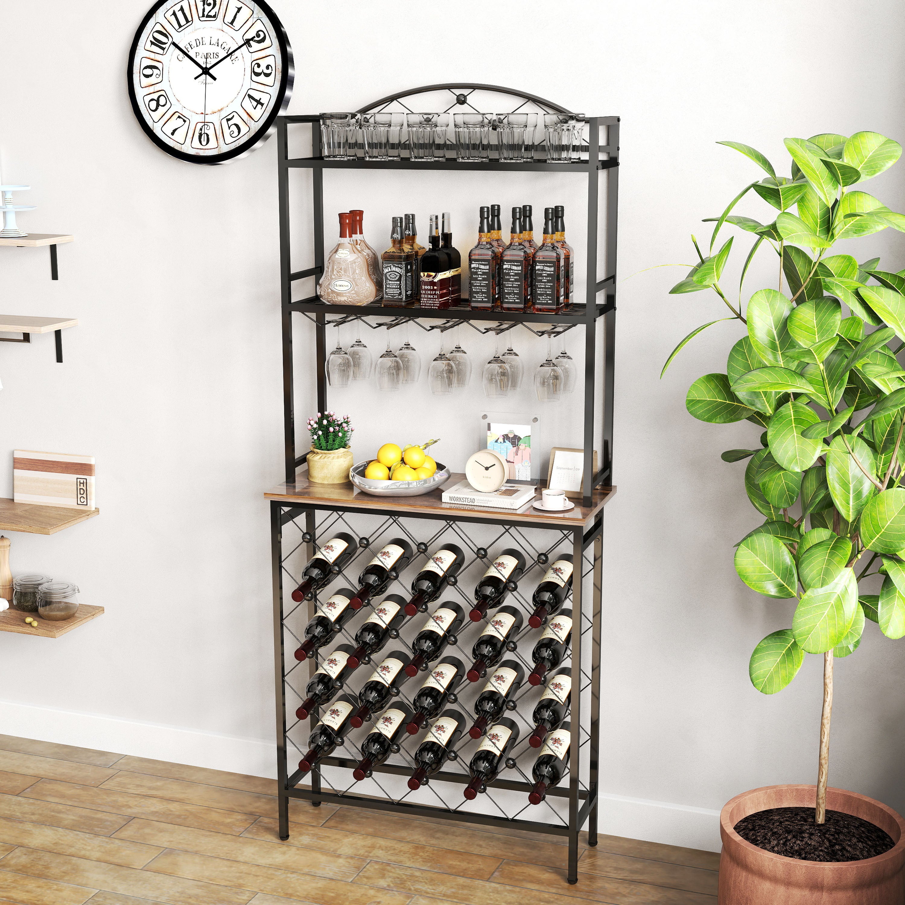 HAOYYE Industrial Wine Rack Bar Table, 3-Tier Liquor Bottle and Glass Holder with Storage Shelves, Metal and Wood Wine Organizer for Home Kitchen, Dining Room, and Living Room Sturdy Space-Saving Heavy Duty