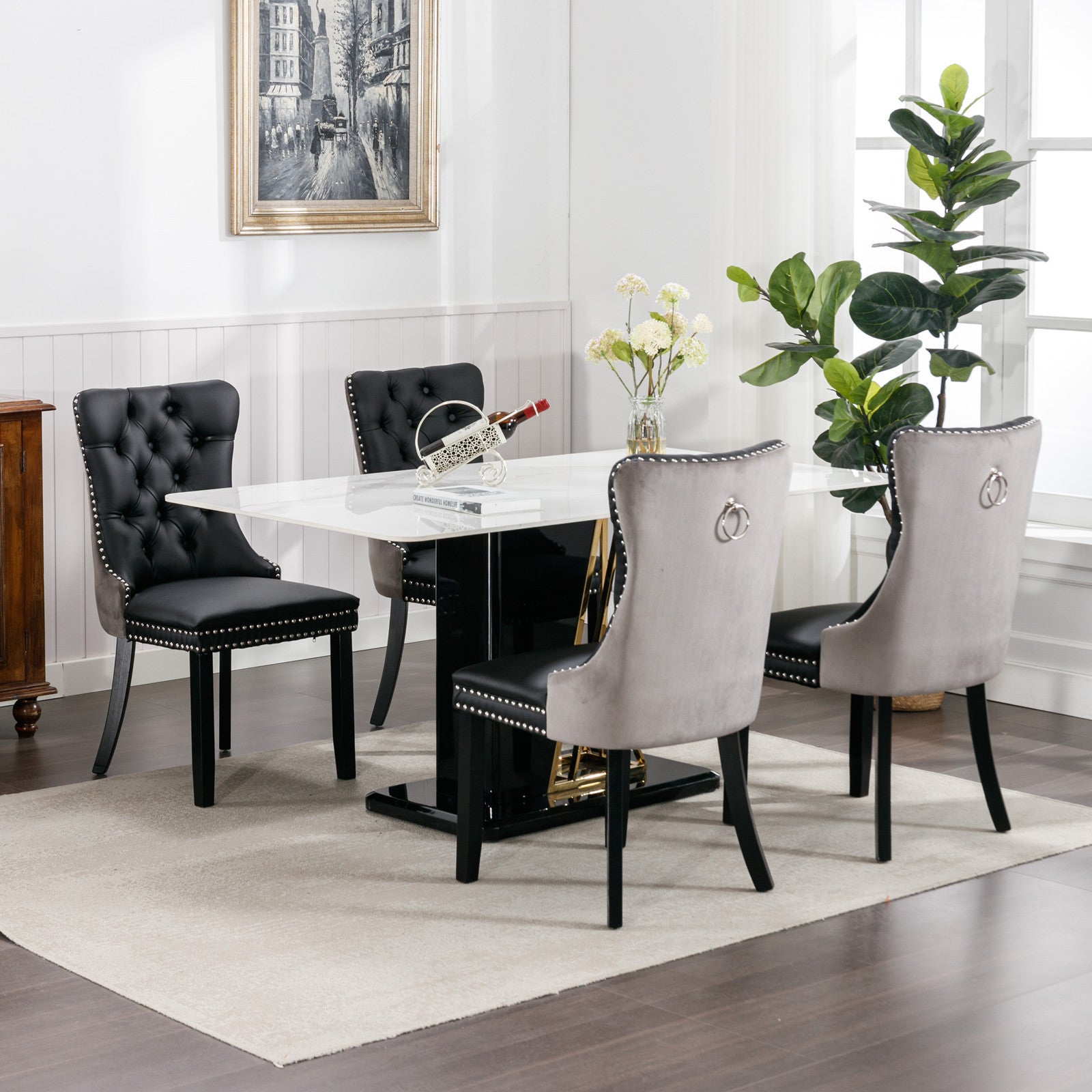 HAOYYE Nikki Collection Modern, High-end Tufted Solid Wood Contemporary PU and Velvet Upholstered Dining Chair with Wood Legs Nailhead Trim 2-Pcs Set lack+Gray, SW2101BG Sturdy Space-Saving