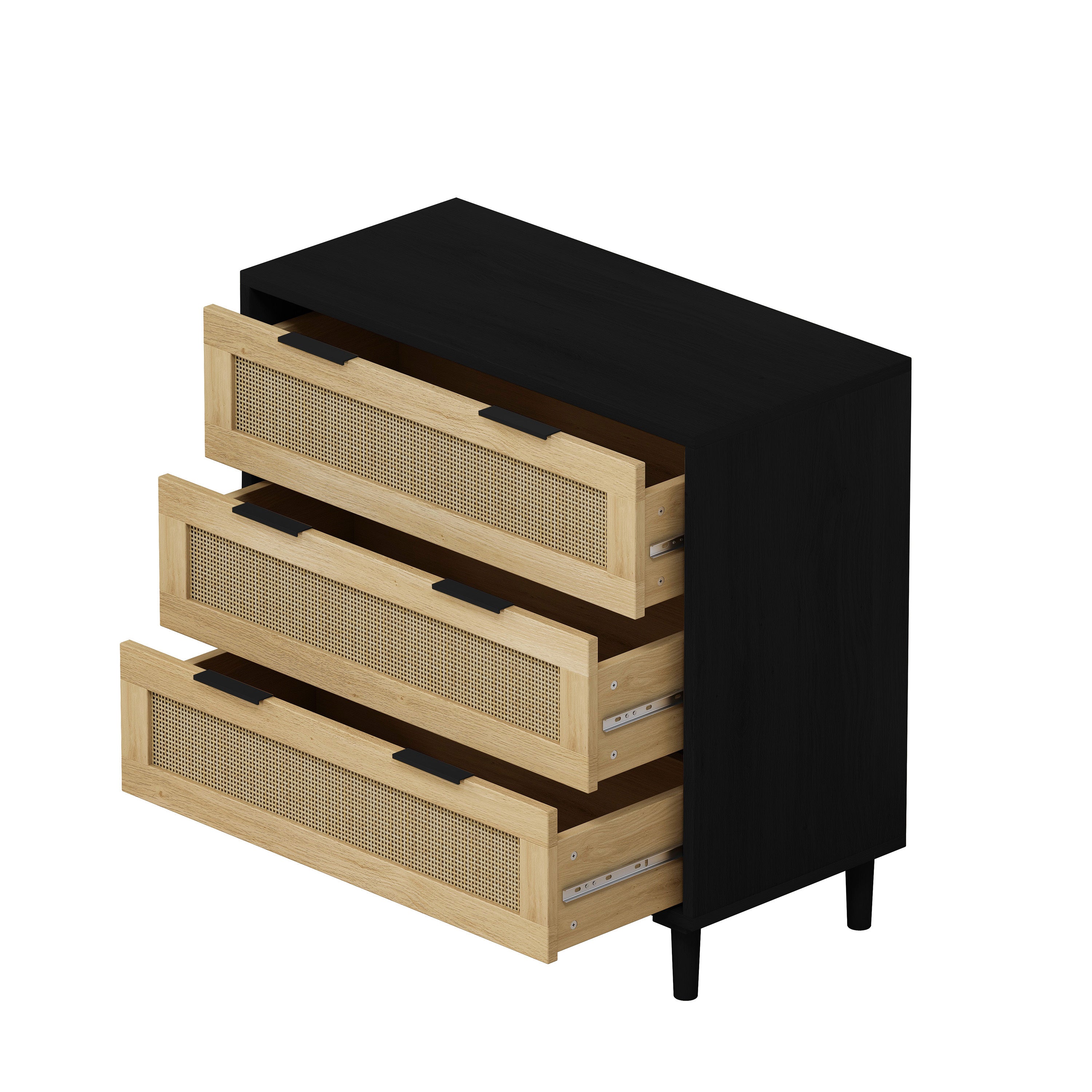 HAOYYE 3-Drawer Rattan Storage Cabinet for Bedroom, Living Room, Dining Room, Hallways, Black, Sturdy Space-Saving Heavy Duty Modern Design, Easy Assembly, Durable, Stylish Home Furniture