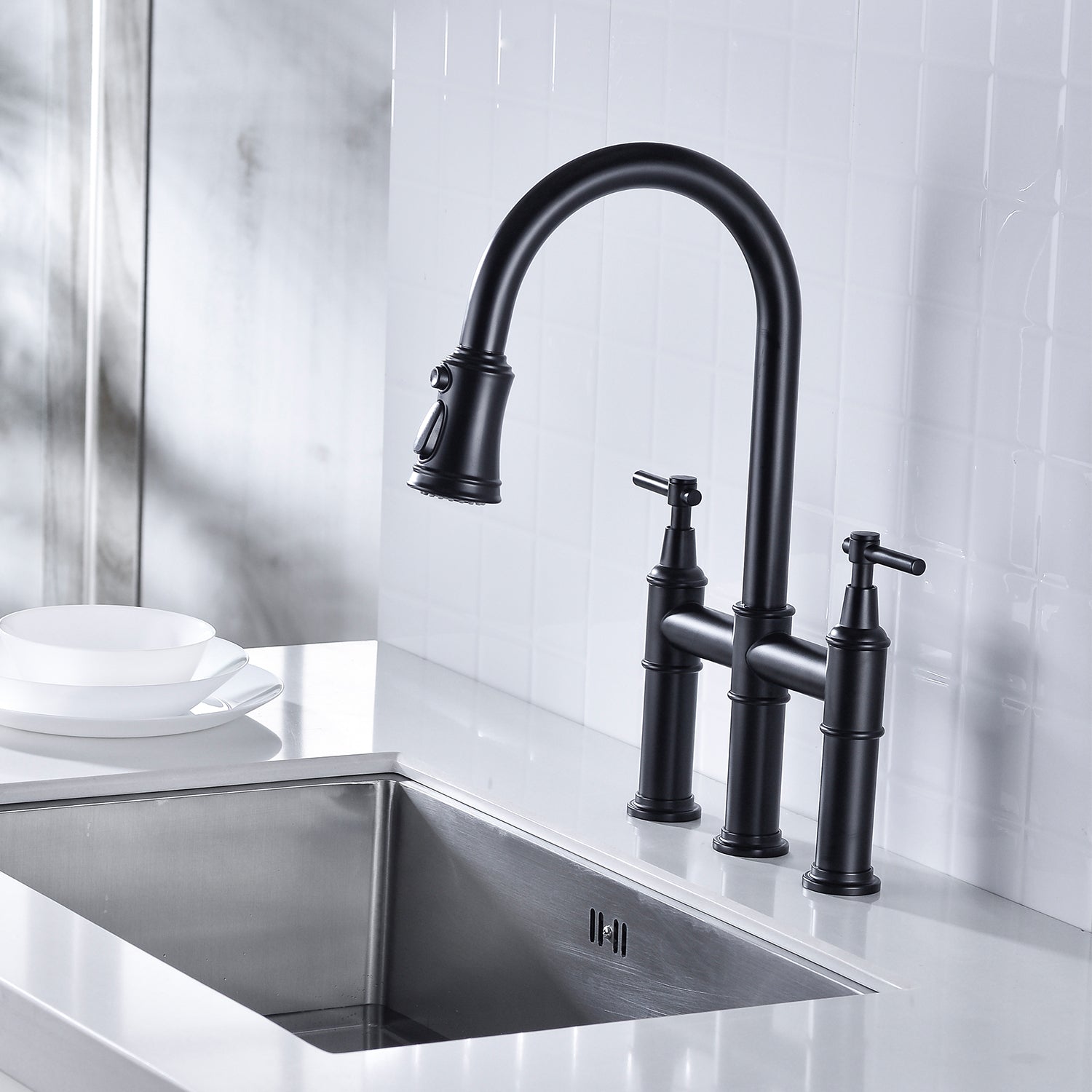 HAOYYE Bridge Kitchen Faucet with Pull-Down Sprayhead in Spot Sturdy Space-Saving Heavy Duty Modern Design Adults Dorm Room Easy Assembly Bedroom Furniture