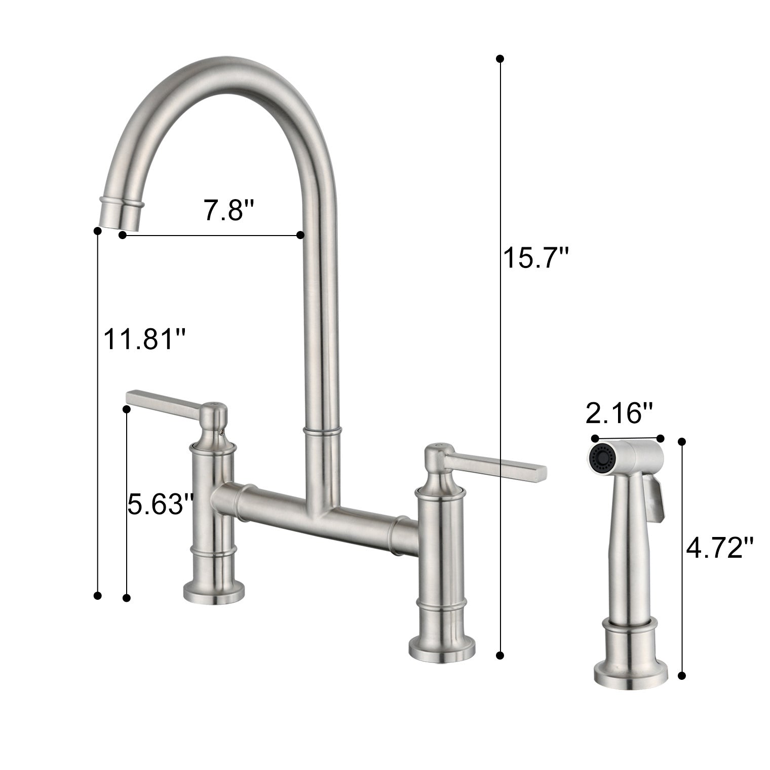 Haoyye Double Handle Bridge Kitchen Faucet with Side Sprayer, 360° Swivel High Arc Faucet with Dual Handle Control, Brushed Nickel SUS304 Stainless Steel Construction, Water-Saving Aerator, Modern Design for Home Kitchen, Easy to Install
