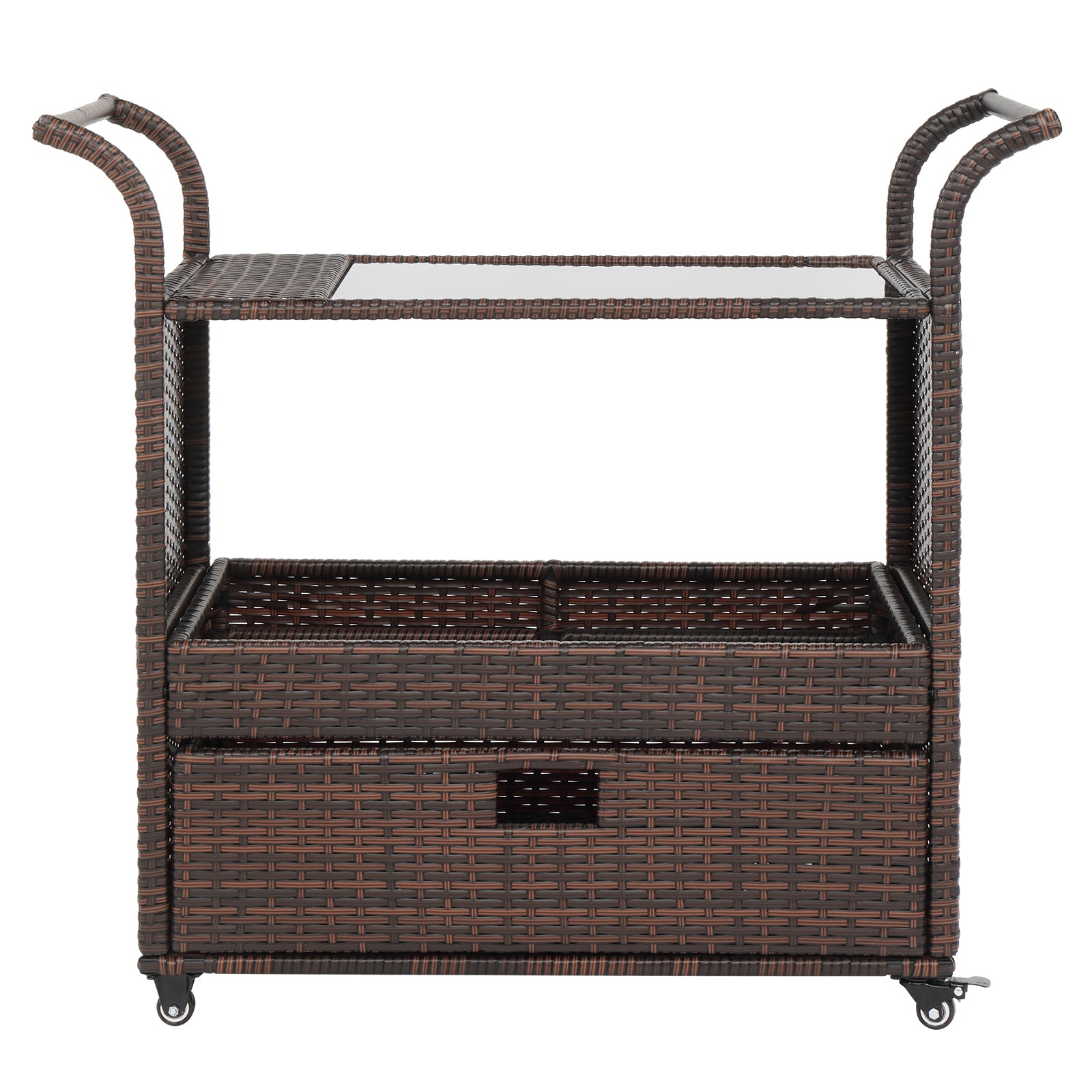 HAOYYE Outdoor Wicker Rattan Bar Cart on Wheels Brown Gradient Rolling Serving Sideboard with Storage for Patio Garden Balcony Party Beverage Station Portable Outdoor Furniture