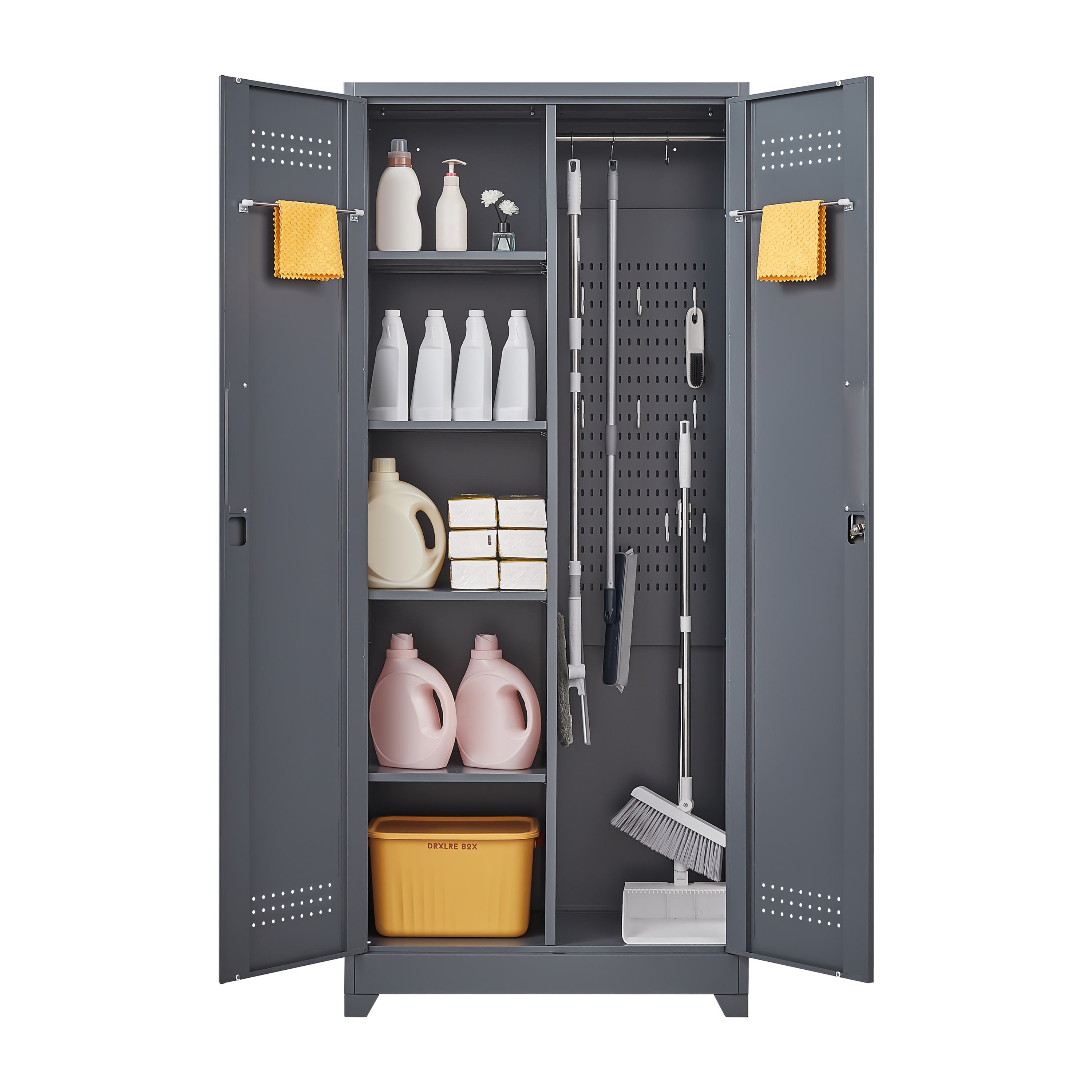 HAOYYE Metal Storage Cabinets, Cleaning Tool Cabinet with Locking Door, Tall Broom Tool Organizer and Storage, Large Storage Cabinet for Kitchen, Pantry, Office, Shop Sturdy Space-Saving Heavy Duty Durable