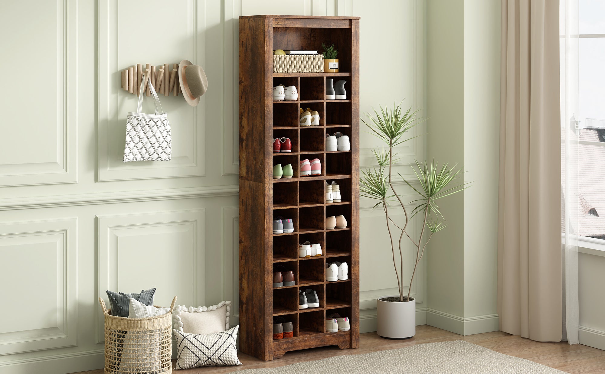 HAOYYE ON-TREND Stylish Design 30 Shoe Cubby Console, Contemporary Shoe Cabinet with Multiple Storage Capacity, Free Standing Tall Cabinet with Versatile Use for Hallway, Bedroom, Rustic Brown Sturdy