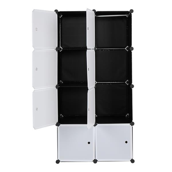 HAOYYE 8-Cube Modular Storage Organizer With Hanging Rod, White Doors And Black Panels, Durable Stackable Plastic Shelving, Space-Saving Closet Cabinet, Versatile And Multifunctional Storage Solution For Bedroom, Office, Living Room, And Home Organization