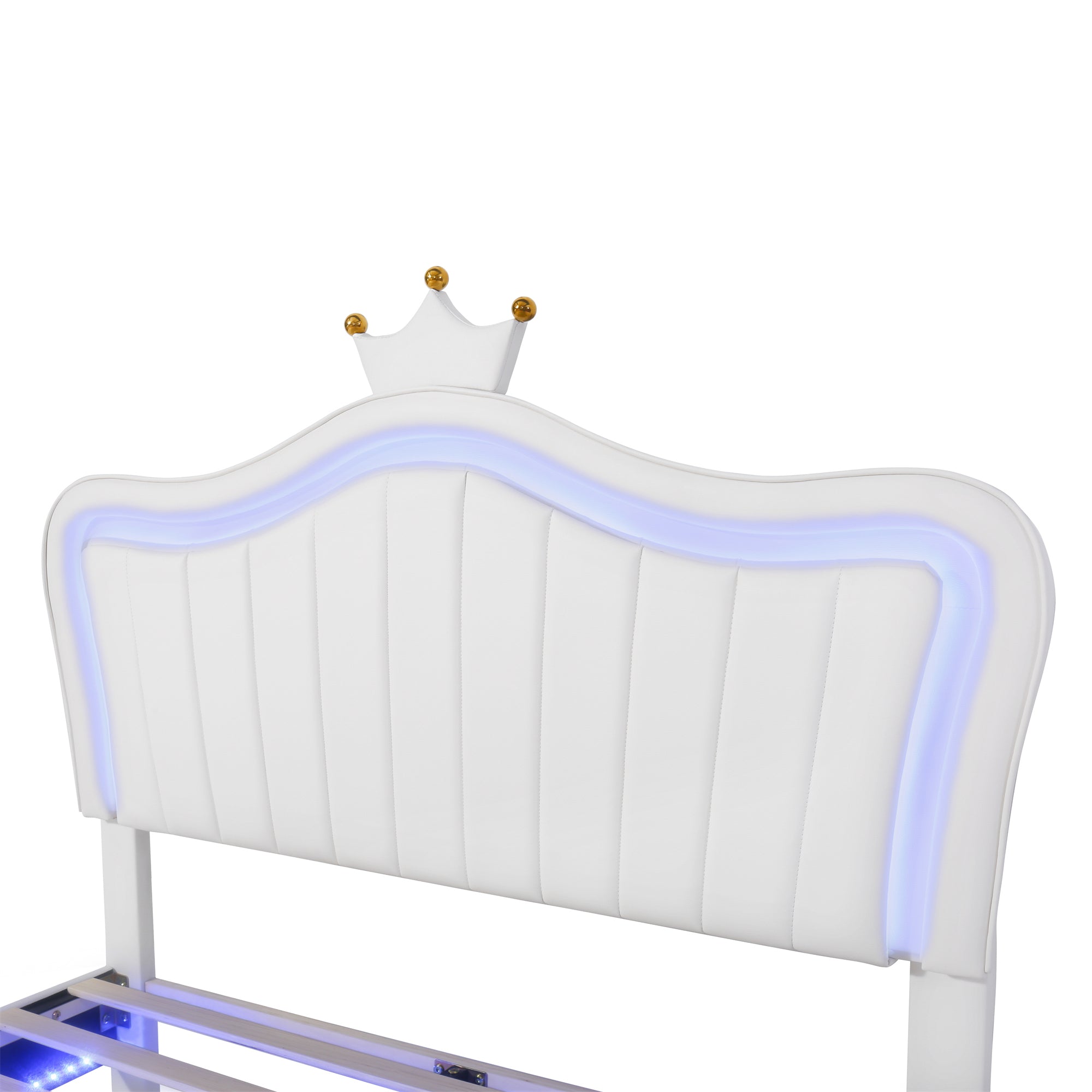 HAOYYE Full Size Upholstered Bed Frame with LED Lights,Modern Upholstered Princess Bed With Crown Headboard,White Sturdy Space-Saving Heavy Duty Modern Design Adults Dorm Room Easy Assembly