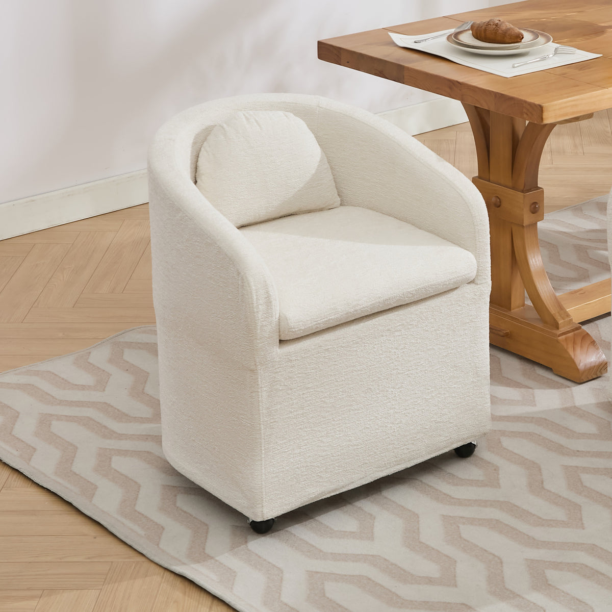 HAOYYE 059-Set of 1 Chenille Fabric Dining Armchair With Back Cushion and Universal Wheels,Beige Sturdy Space-Saving Heavy Duty Modern Design Adults Dorm Room Easy Assembly Bedroom Furniture