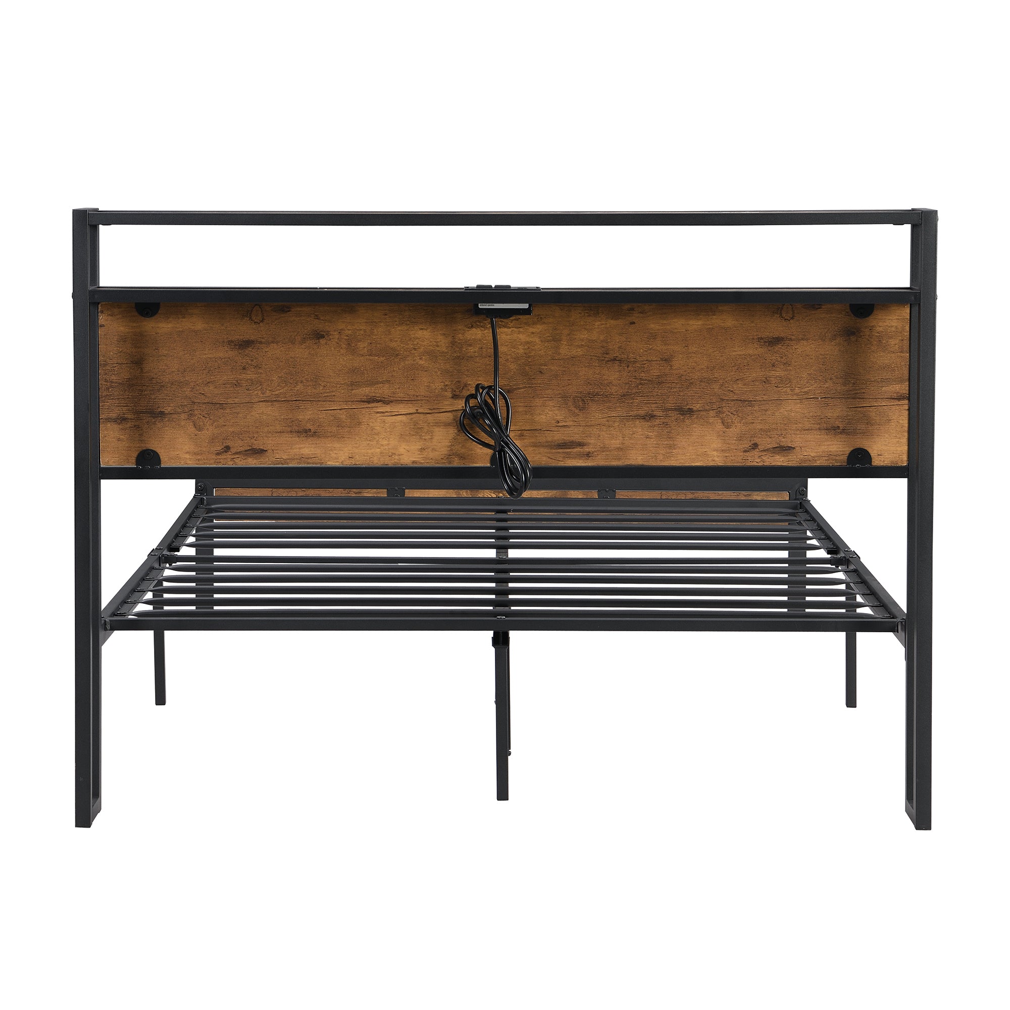 HAOYYE Queen Size Metal Platform Bed Frame with Wooden Headboard and Footboard with USB LINER, No Box Spring Needed, Large Under Bed Storage, Easy Assemble Sturdy Space-Saving Heavy Duty Modern Design