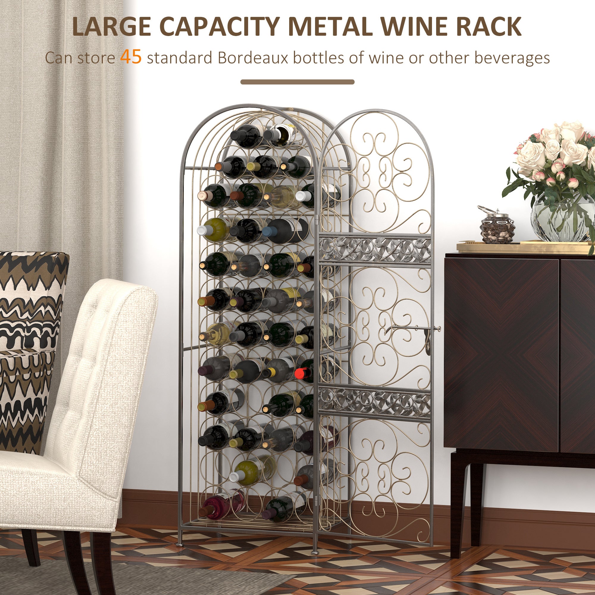 Haoyye 45 Bottle Wrought Iron Wine Rack with Lock, Antique Bronze Freestanding Wine Cabinet with Scrollwork Door, Vintage Metal Wine Jail Storage for Kitchen, Dining Room, Home Bar, Sturdy Space-Saving Organizer, Modern Rustic Design