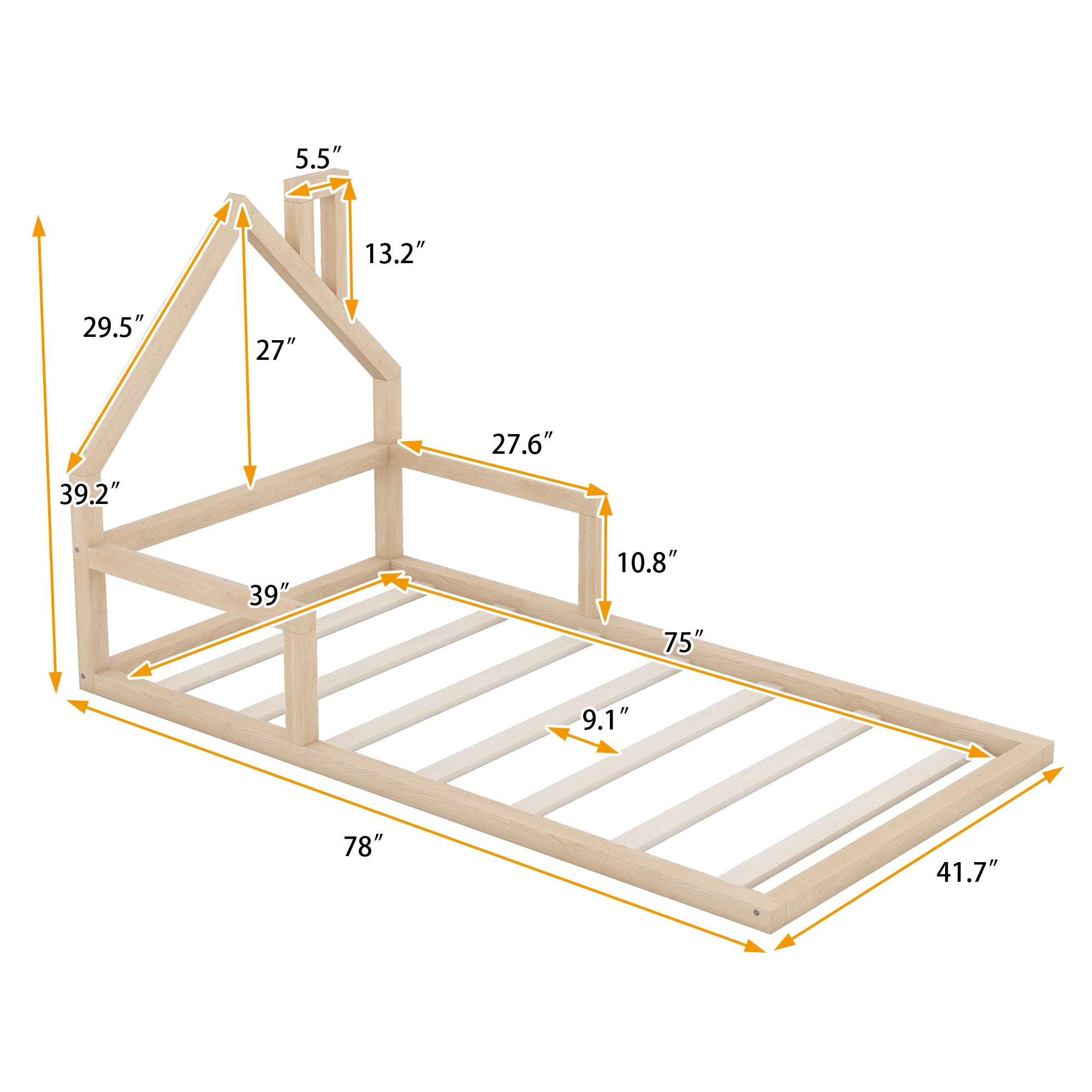 HAOYYE Twin Size Wood Floor Bed with House-shaped Headboard, Natural Sturdy Space-Saving Heavy Duty Modern Design Adults Dorm Room Easy Assembly Bedroom Furniture