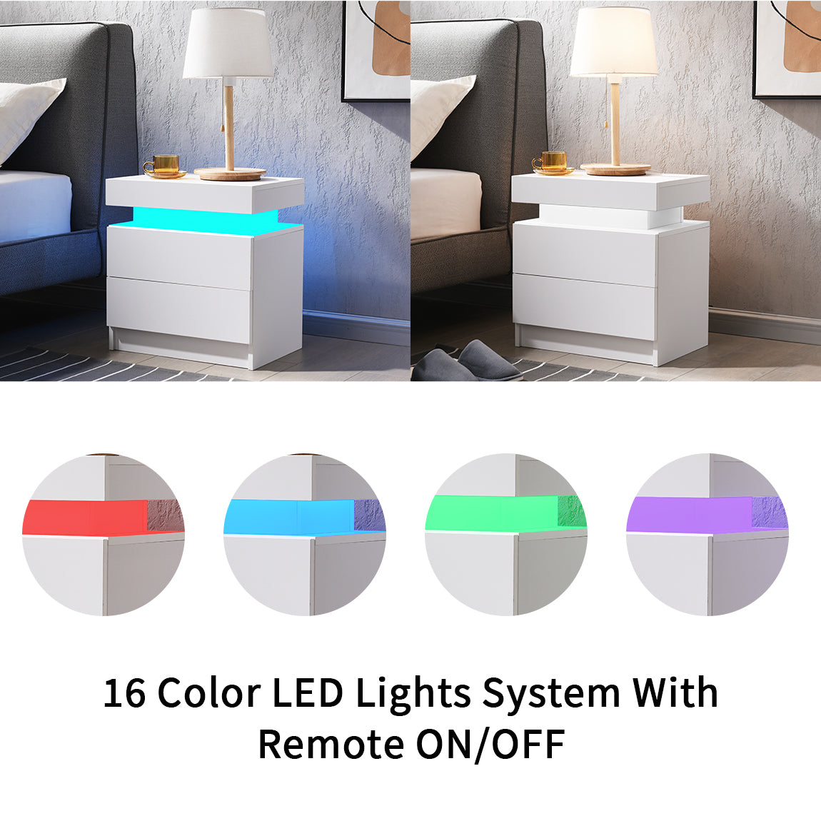 HAOYYE LED Nightstand Bedside Table Cabinet with 2 Drawers, Modern End Table for Bedroom, Sturdy Space-Saving Heavy Duty Construction, White, Ideal for Adults and Dorm Rooms, Easy to Assemble