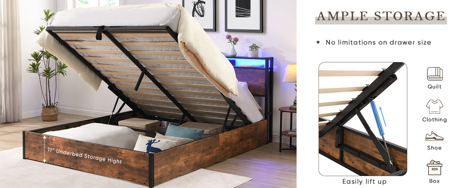 HAOYYE Lift-up Storage Bed Frame, Queen Size Bed Frame with Bookcase Headboard & LED Lights, Wooden Platform Bed Frame with Charging Station, No Spring Box Needed, Rustic Brown Sturdy Space-Saving Heavy Duty