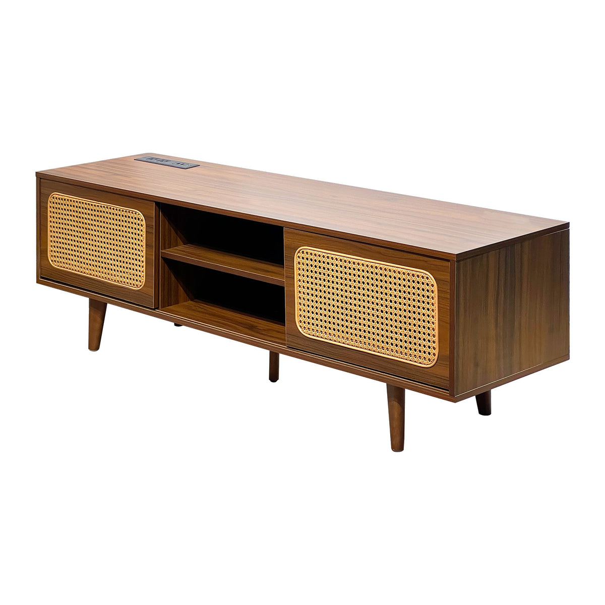 HAOYYE Mid Century Modern Rattan TV Stand for 55/60/65 inch TV , Entertainment Cabinet, Media Console for Living Room Bedroom Media Room, Solid Wood Feet & Rattan Cabinet Doors (Walnut, 59") Sturdy