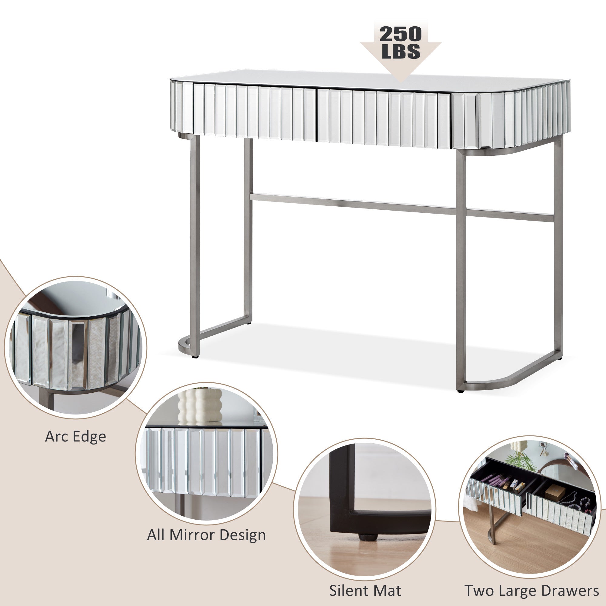 HAOYYE 39" Mirrored Makeup Vanity Table with Stainless Steel Base, Mirrored Console Dressing Table with 2 Drawers,Versatile Desk for Bedroom and Office, Silver