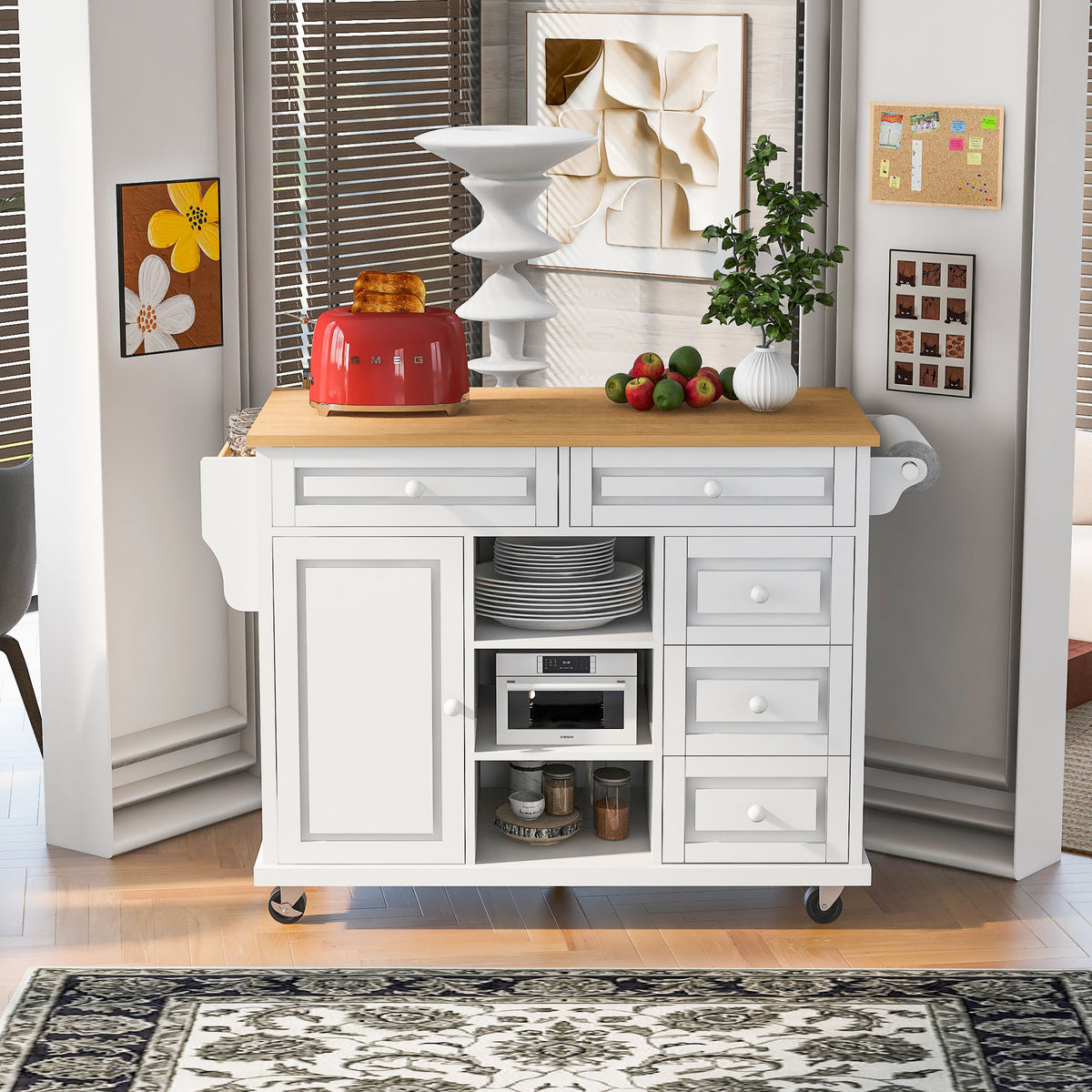 HAOYYE Kitchen cart with Rubber wood desktop rolling mobile kitchen island with storage and 5 draws 53 Inch length(White) Sturdy Space-Saving Heavy Duty Modern Design Adults Dorm Room Easy Assembly