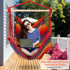 HAOYYE Hammock Hanging Chair with Wooden Stick and 2 Pillows Portable Canvas Porch Patio Swing Seat Lightweight Rope Seat Comfortable and Durable with 265LBS Load Capacity for Outdoor Camping Relaxation