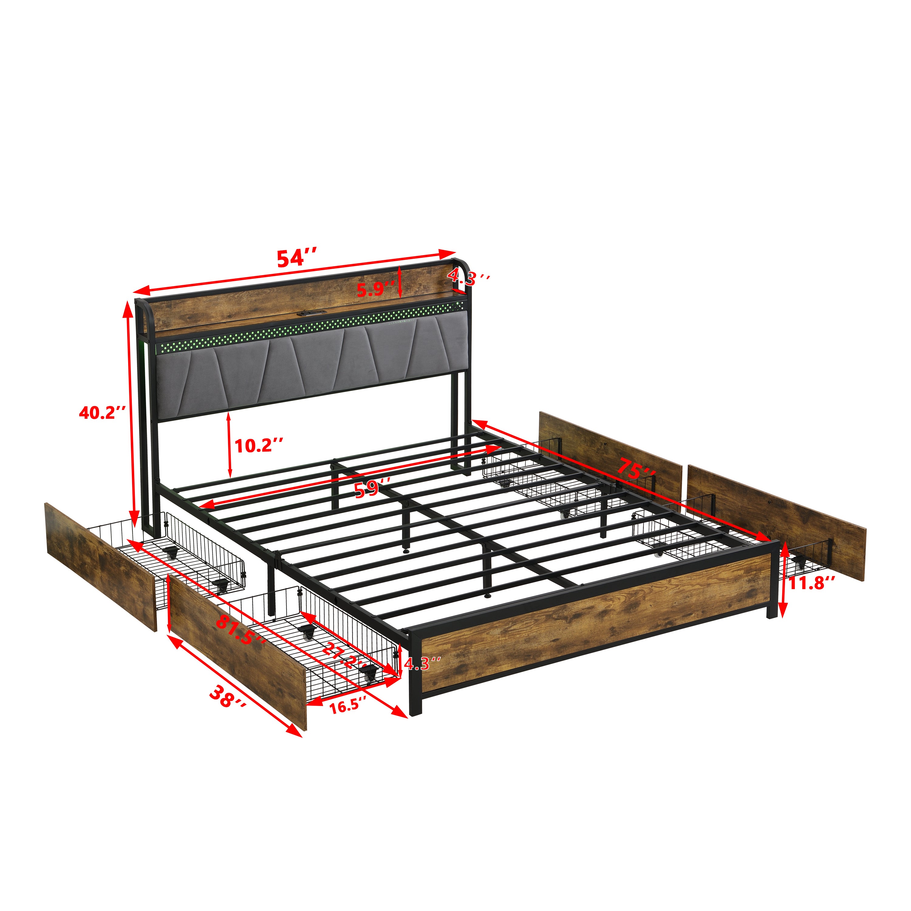 HAOYYE Full Size Bed Frame with Storage Headboard, Charging Station, LED Lights, and Four Drawers, Brown and Gray, Sturdy Space-Saving Design, Heavy Duty Construction, Modern Stylish Home Furniture